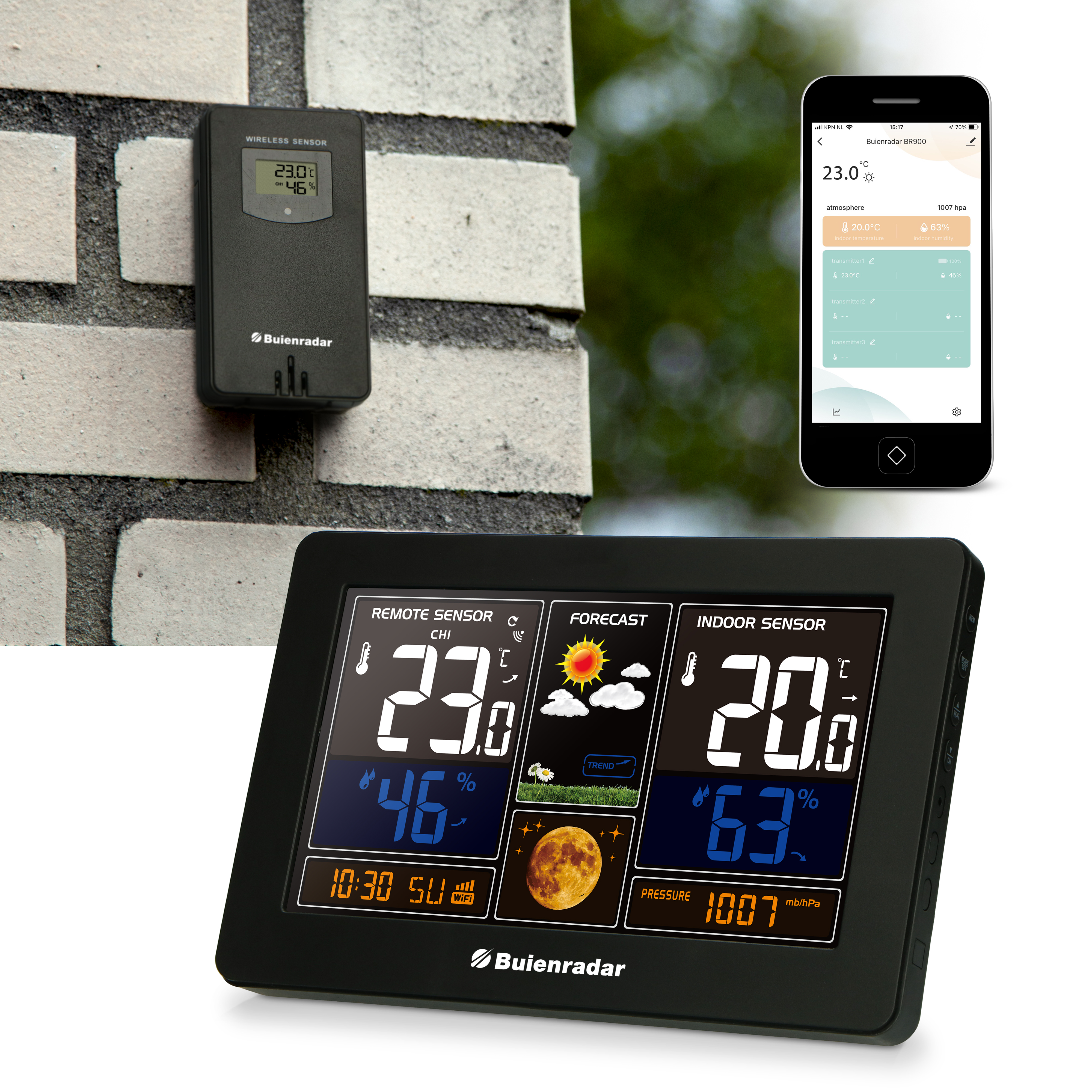 Schwarze Wetterstation mit Temperatur und Vorhersage. Smartphone rechts.