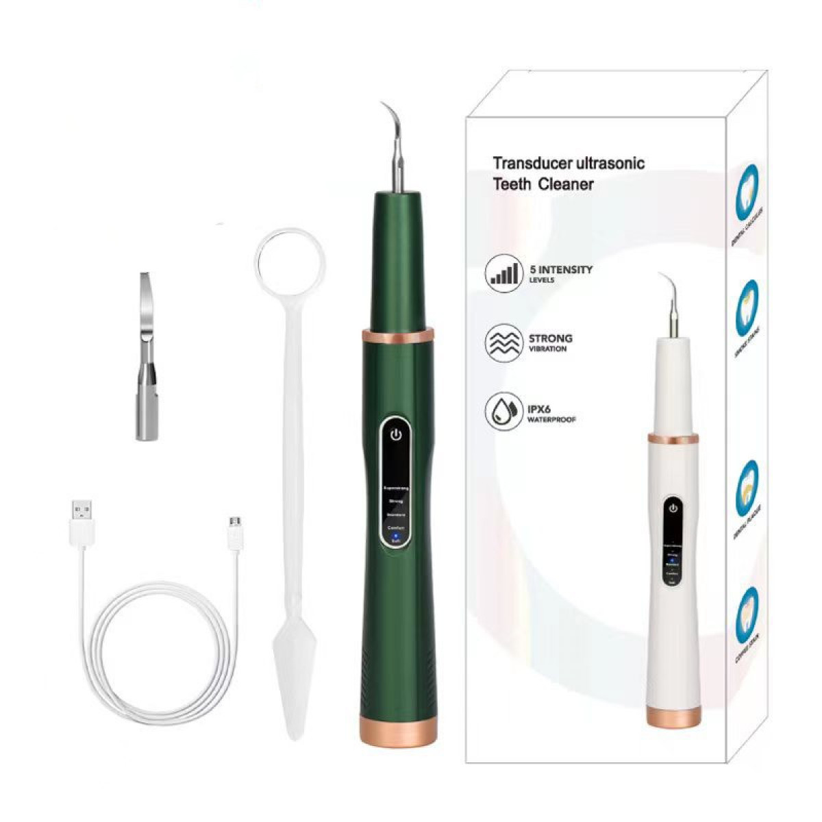 Narzędzia do czyszczenia zębów i urządzenie z biało-zielonym korpusem. Białe tło.