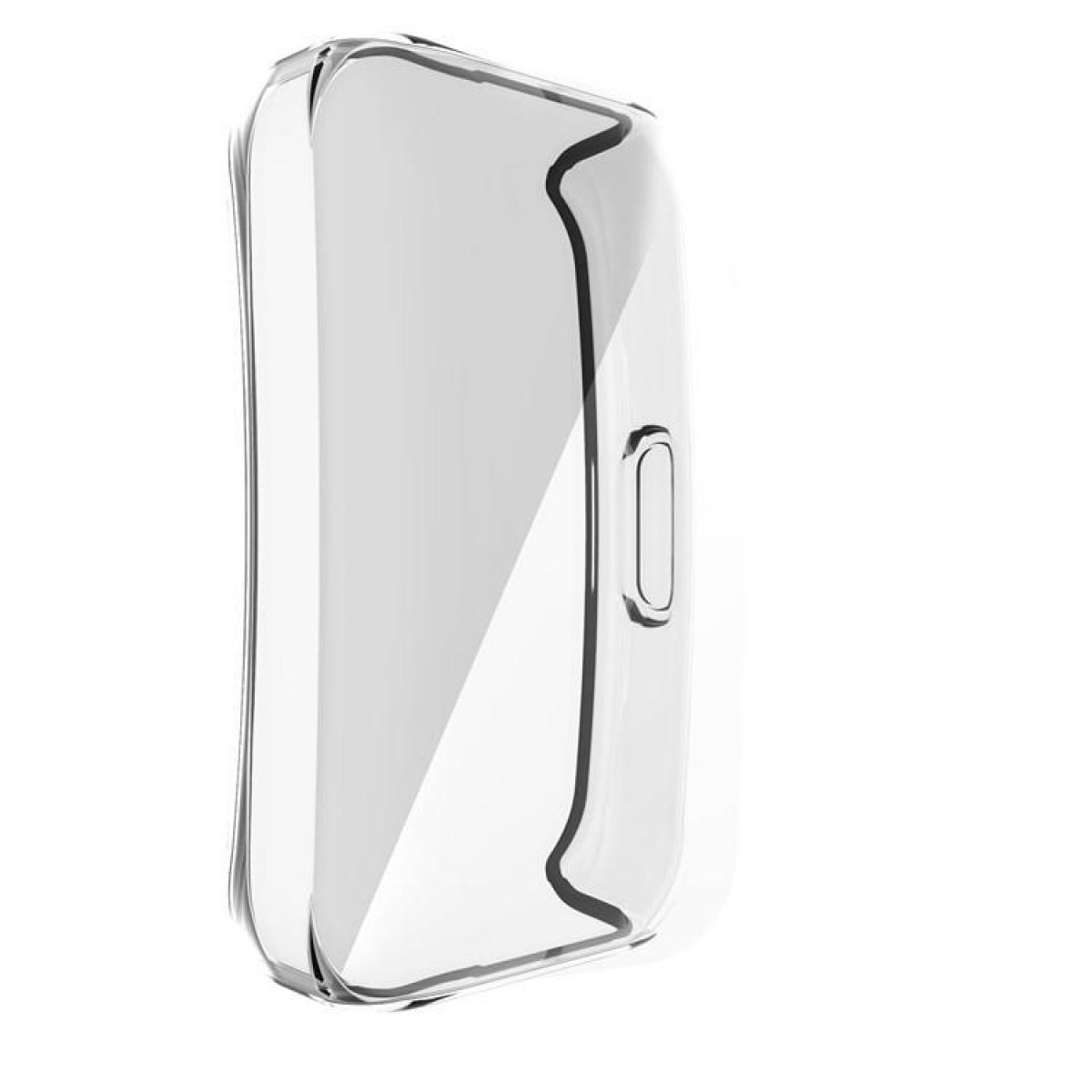 Eine transparente Handyhülle mit schlankem Design, weißer Hintergrund.