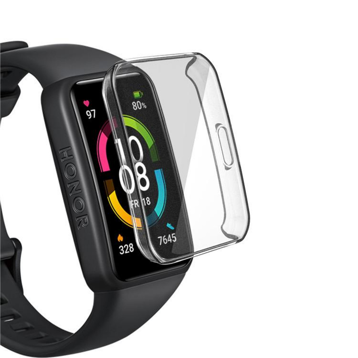 Schwarze Honor Smartwatch mit angebrachter Displayschutzfolie, weißer Hintergrund.