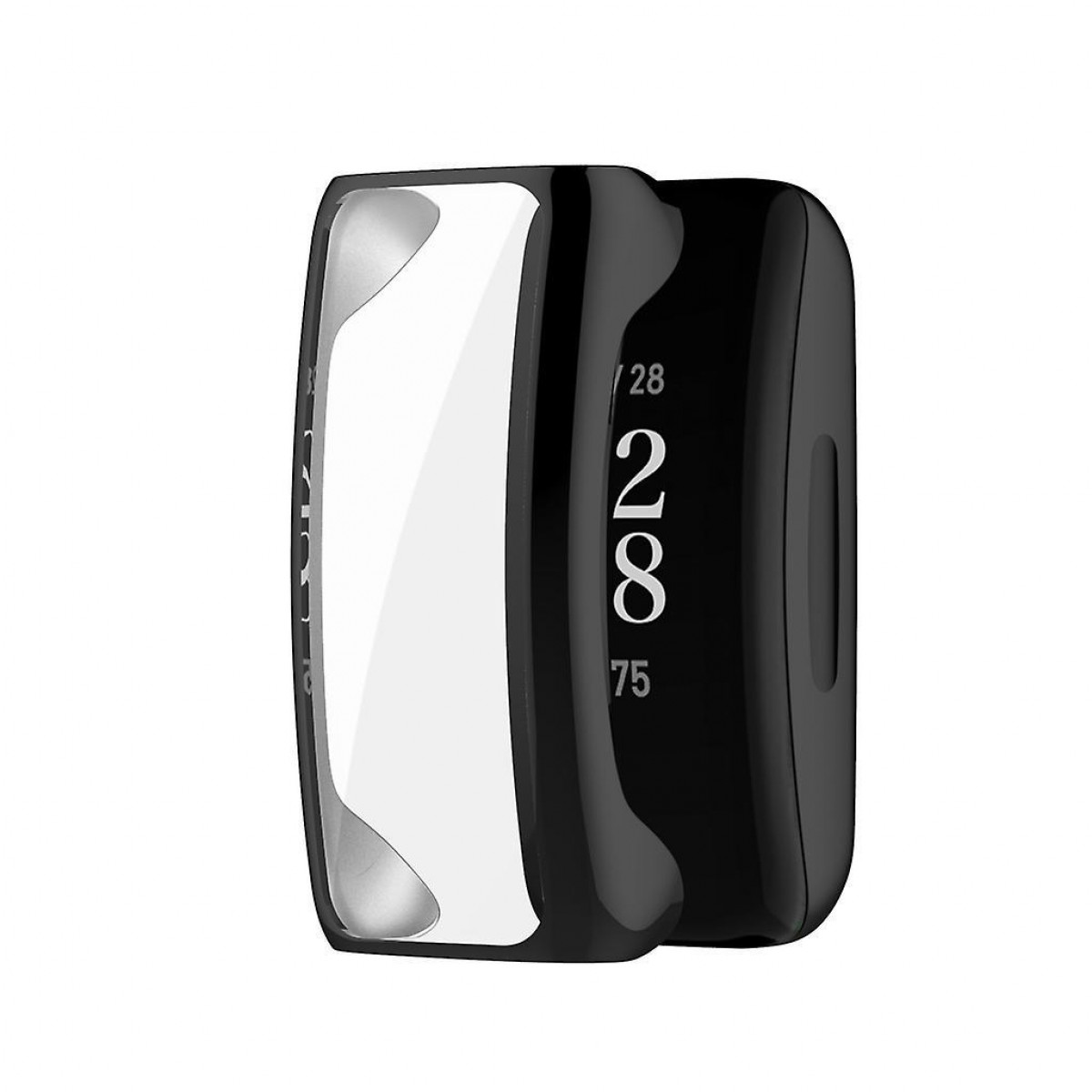 Schwarzer Fitnesstracker mit Bildschirm, der Zeit und andere Infos anzeigt.