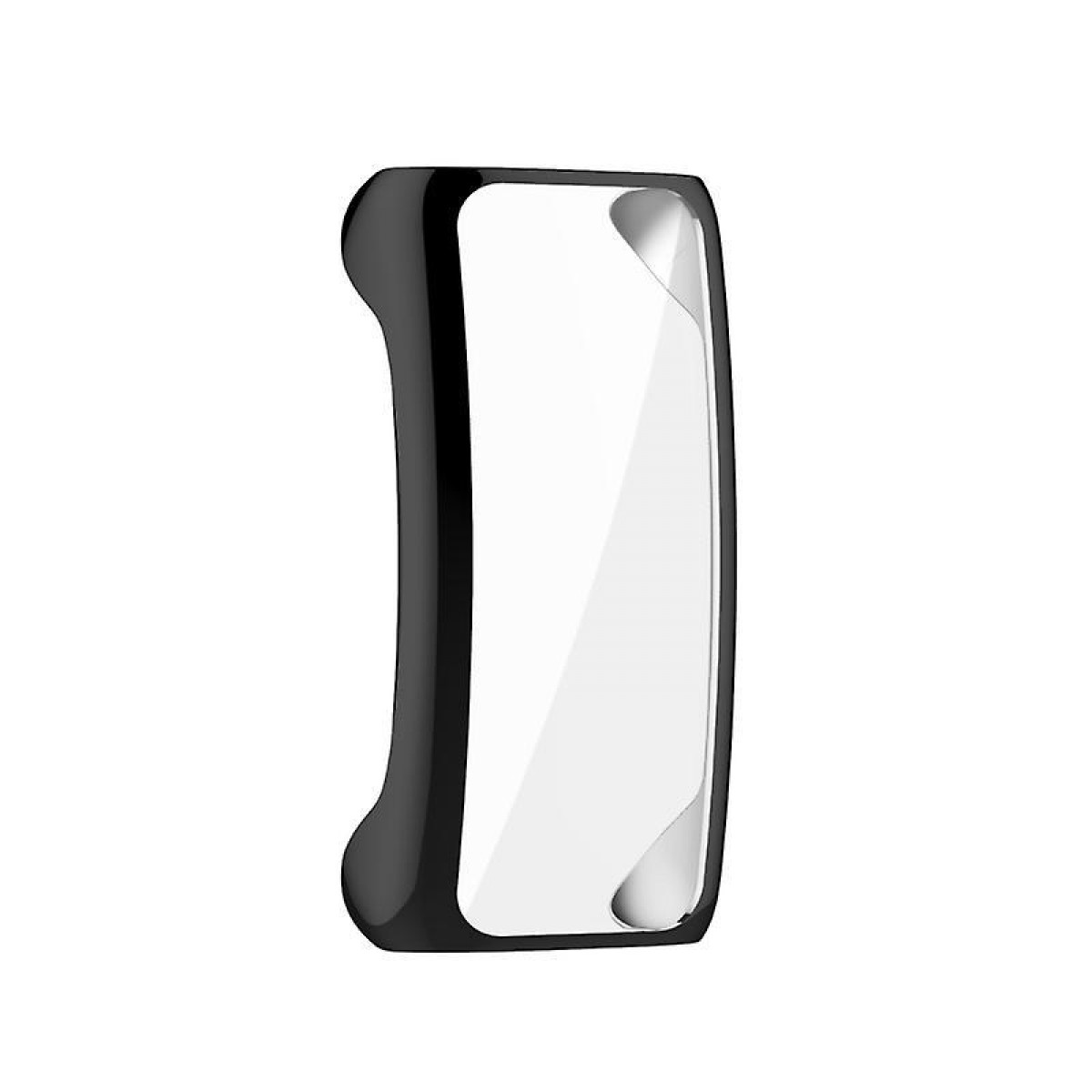 Eine schwarze Hülle für ein Gerät mit einem transparenten Displayschutz. Die Hülle liegt auf einer weißen Oberfläche.