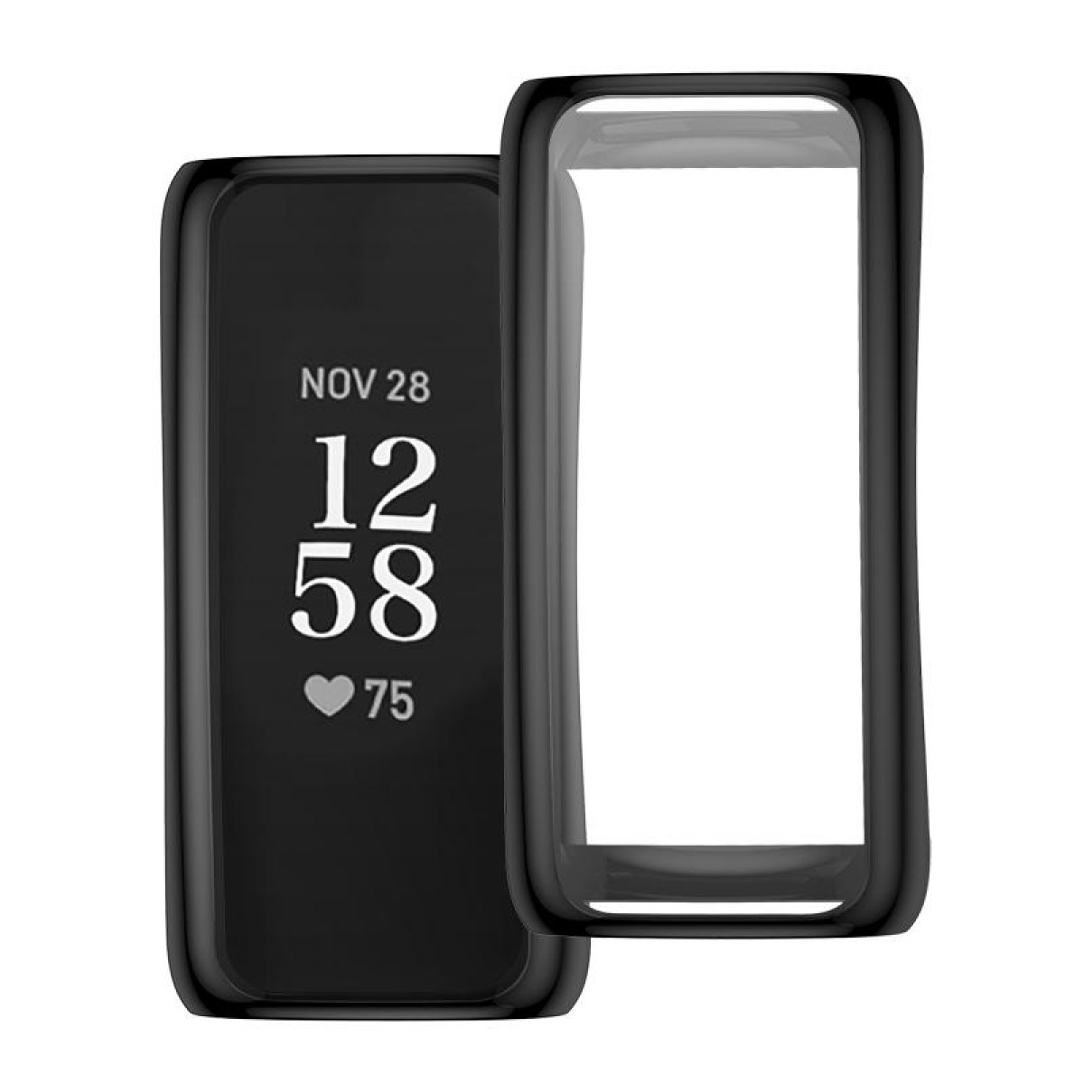 Schwarzer Fitnesstracker mit Hülle. Anzeige zeigt Zeit und Herzfrequenz. Weißer Hintergrund.