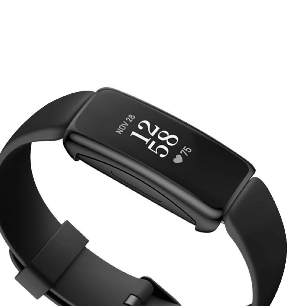 Schwarzer Fitness-Tracker mit Statistiken. Schwarzes Armband. Weißer Hintergrund.