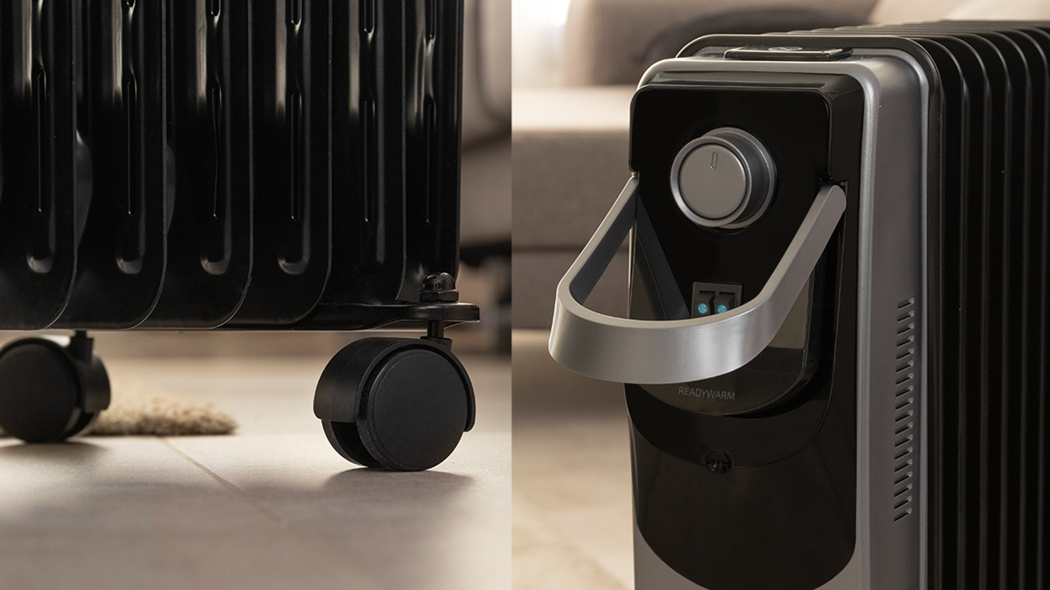 Czarny kaloryfer olejowy z kółkami, uchwytem i panelem sterowania.