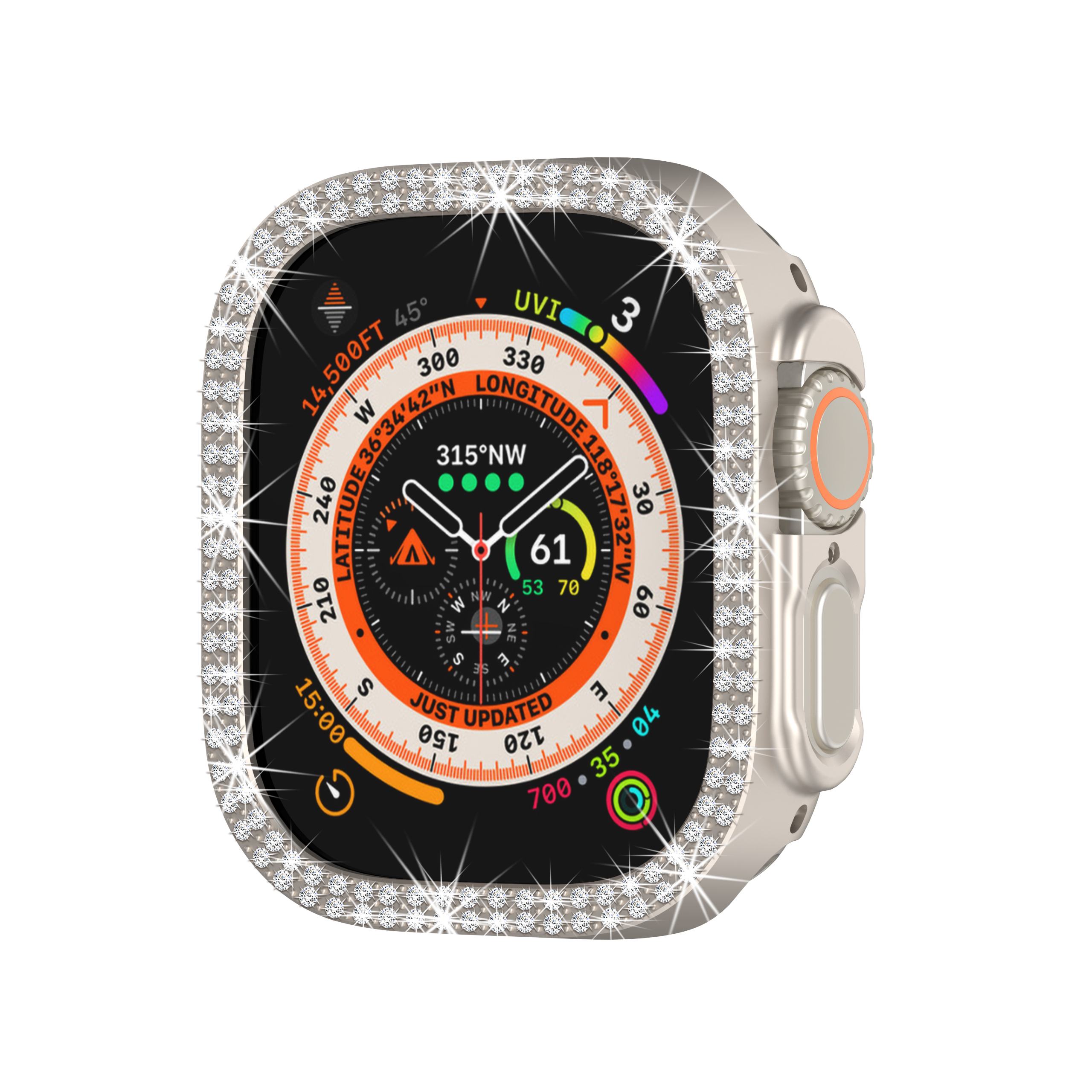 Silberne Apple Watch mit diamantbesetzter Lünette.