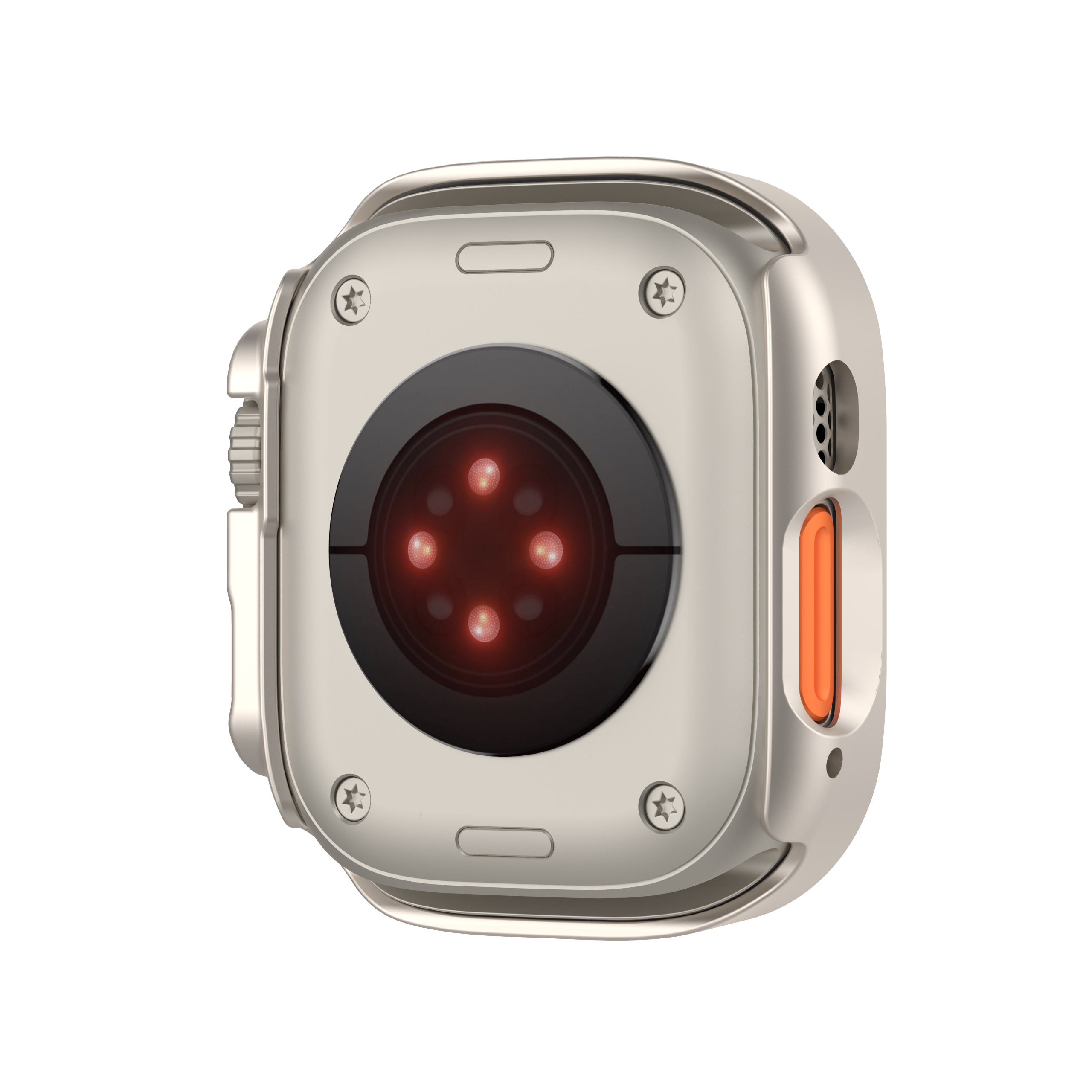 Nahaufnahme einer silbernen Smartwatch mit schwarzem Sensorbereich und orangefarbener Taste an der Seite.