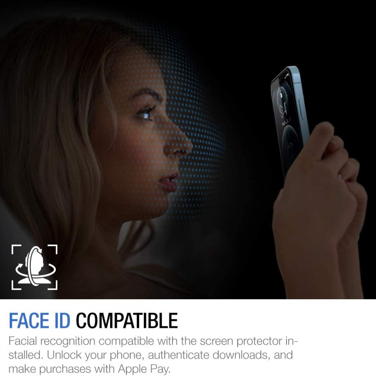 Frau benutzt Telefon, Face ID kompatibel. Telefon zeigt Gesicht, Text sagt Gesichtserkennung kompatibel.