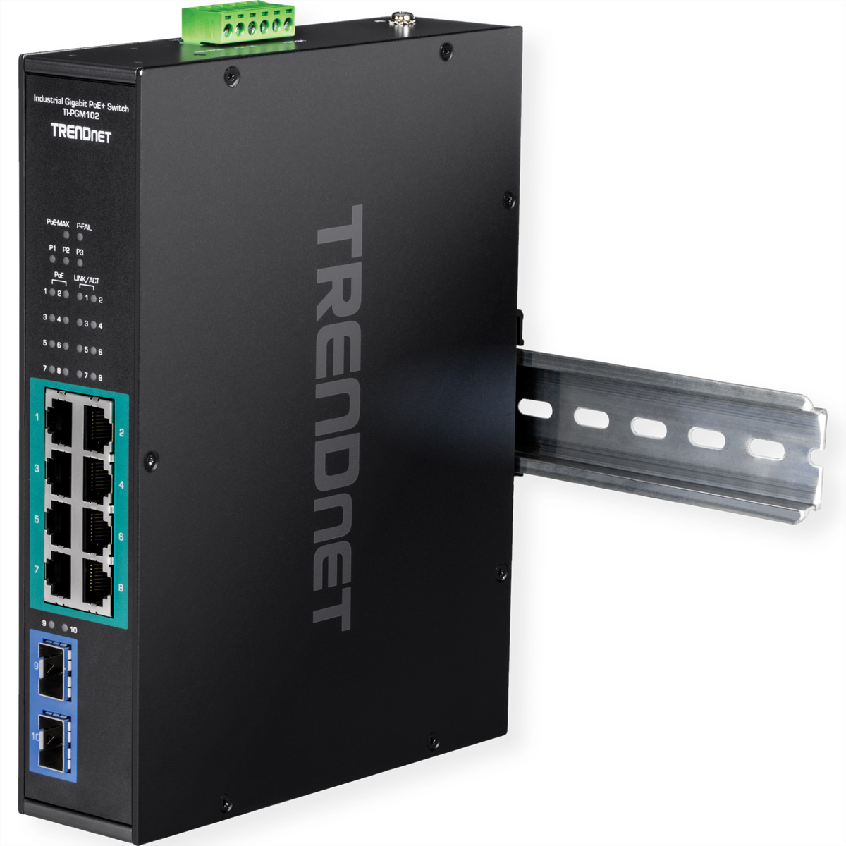 Switch industriale TRENDnet nero con porte e spie, montato su una guida.