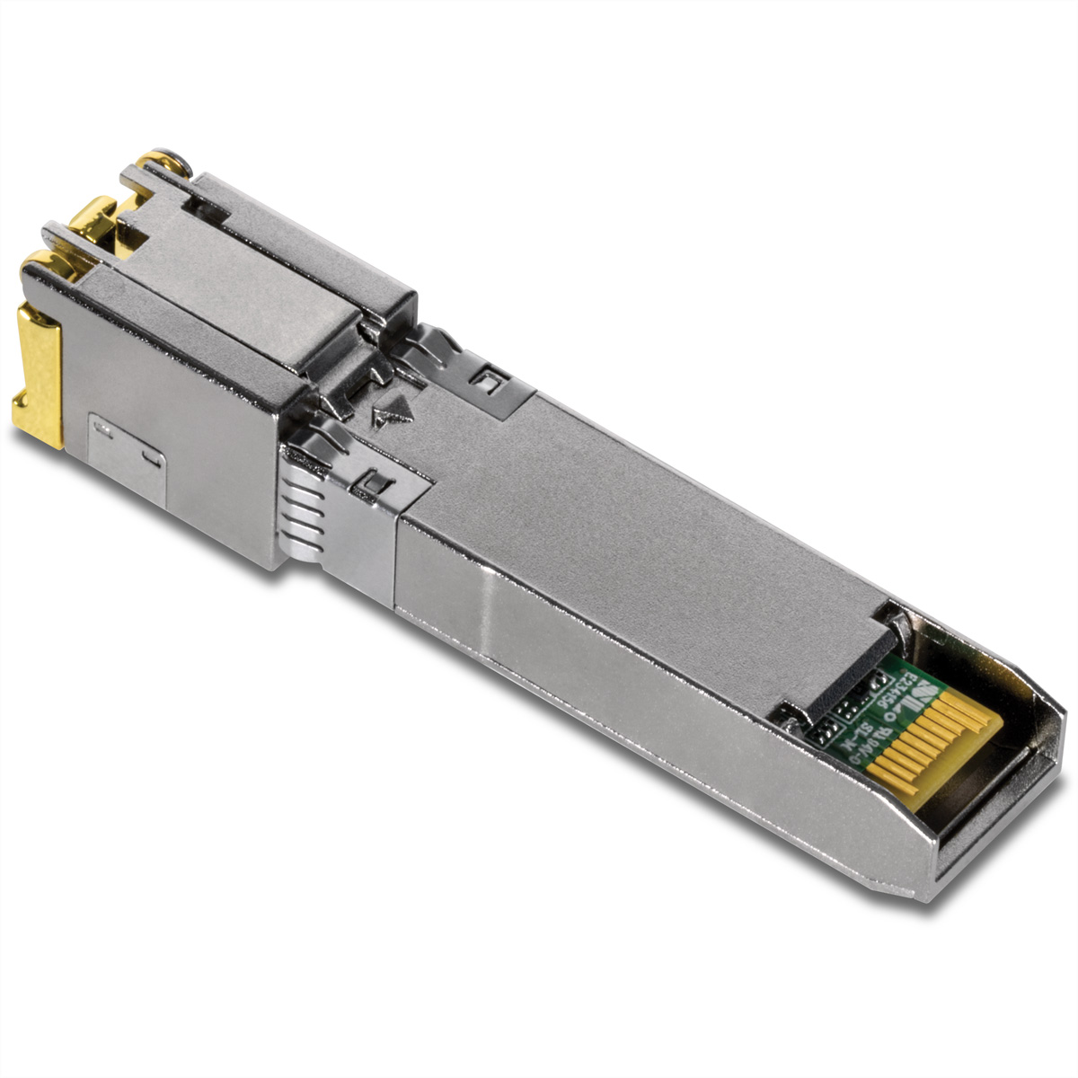 Module émetteur-récepteur SFP argenté avec un connecteur doré et une petite carte de circuit imprimé verte.