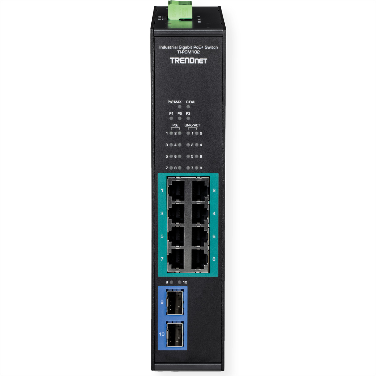 Uno switch Gigabit PoE+ industriale nero con varie porte e luci. Il marchio TRENDNET è visibile.