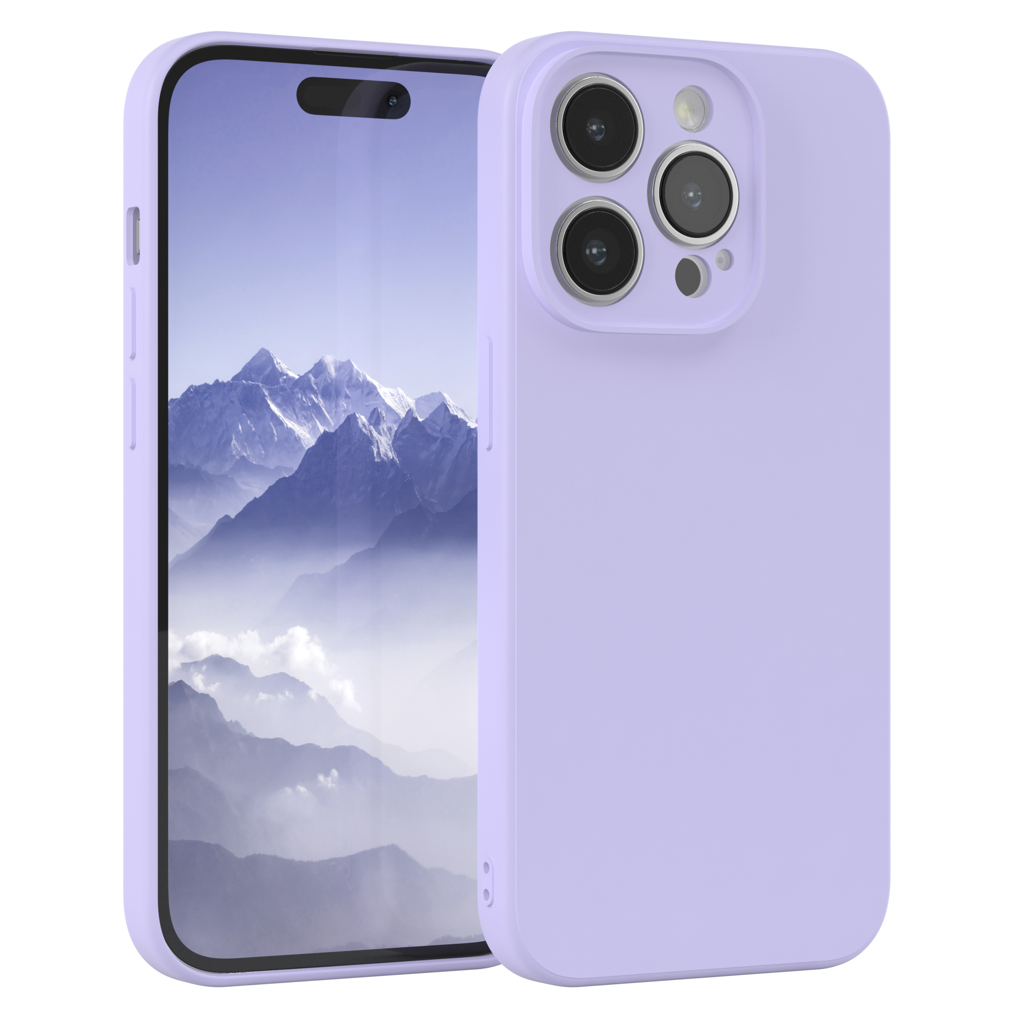 Lila Telefon mit Hülle. Zwei Telefone sind sichtbar. Weißer Hintergrund.