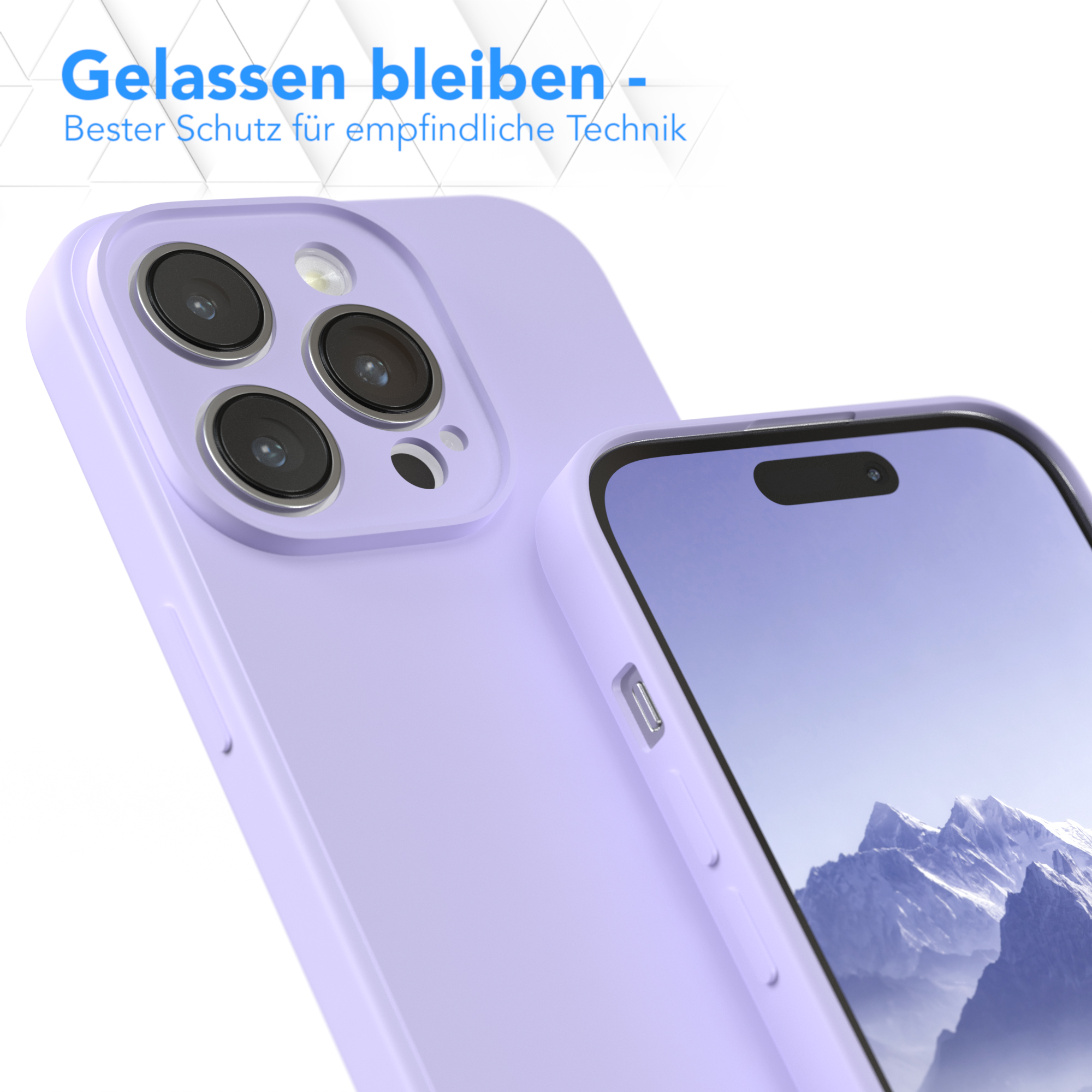 Eine lila Handyhülle mit drei Kameraausschnitten. Text oben lautet "Gelassen bleiben".