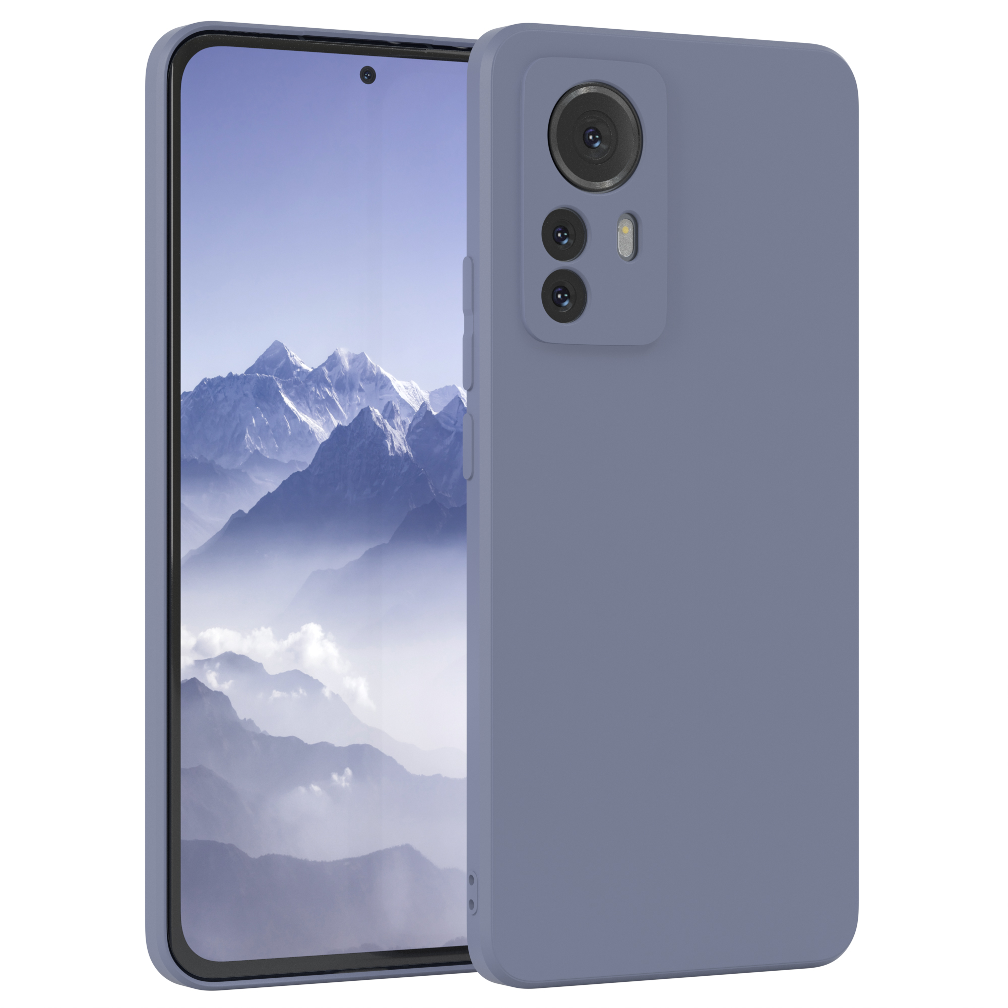 Ein lila Telefon mit Hülle, mit Kamera auf der Rückseite und Berglandschaft.