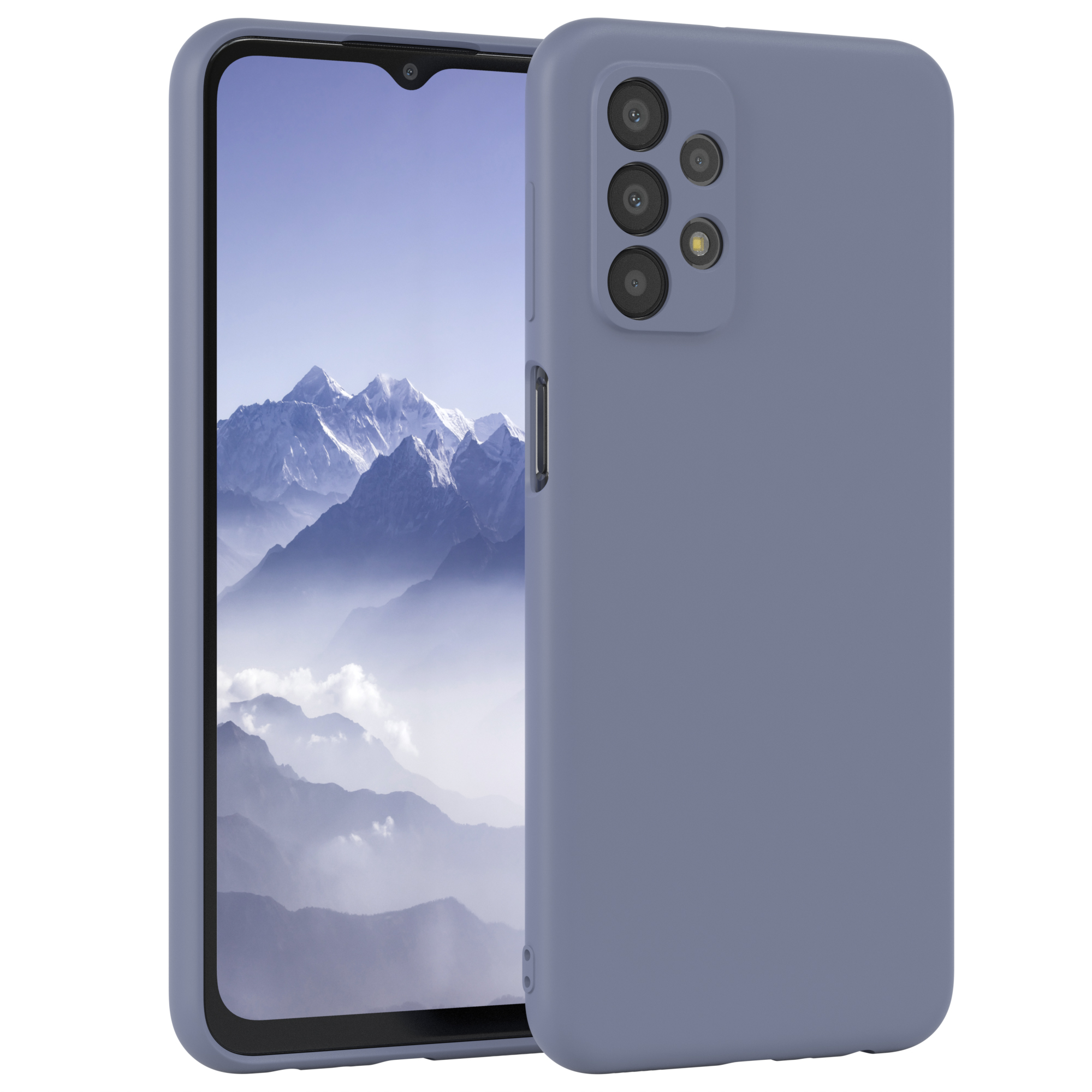 Blaue Handyhülle mit Handy. Berg- und Himmels Hintergrund.