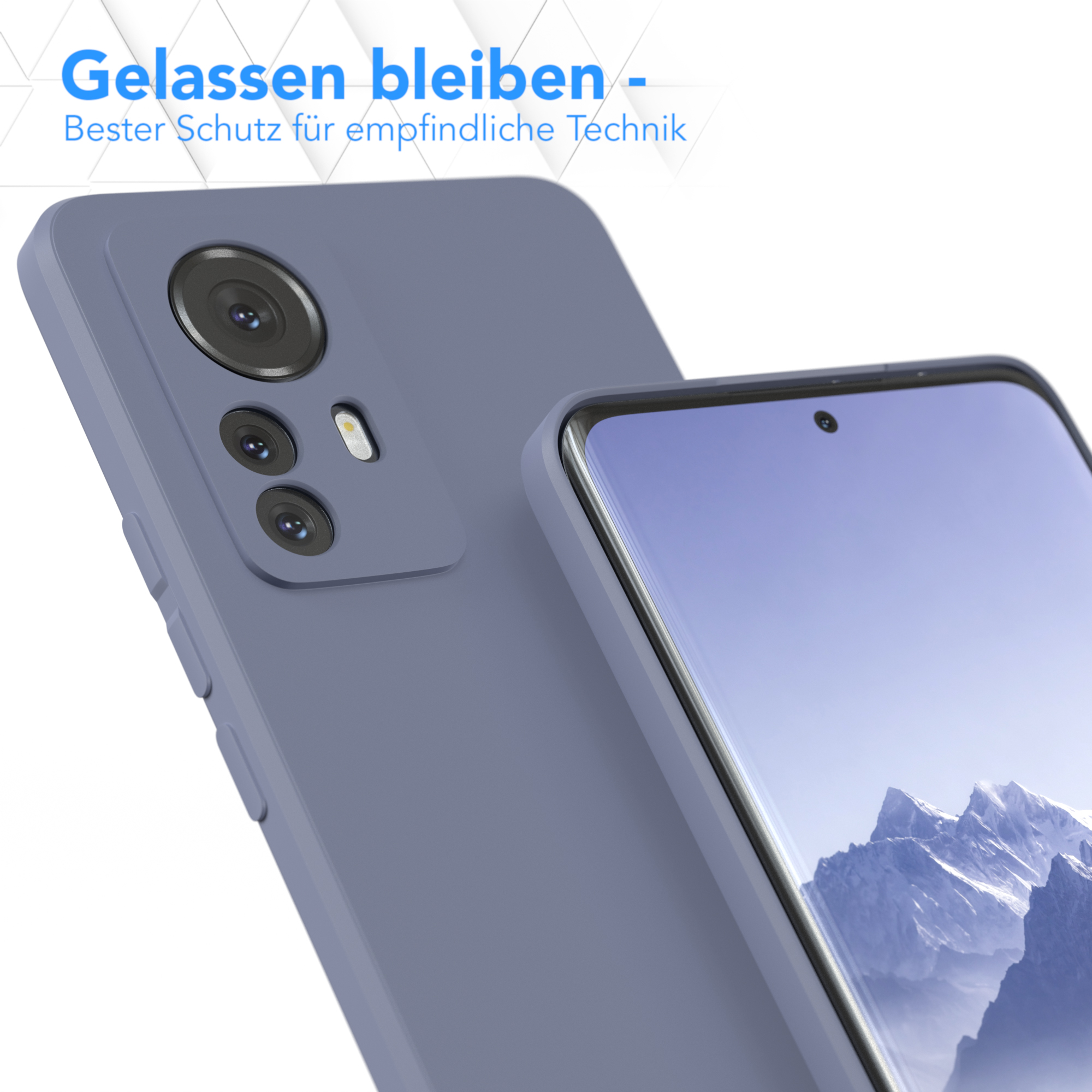 Blaues Telefon und Handyhülle. Text: Entspannt bleiben - bester Schutz für empfindliche Technik.