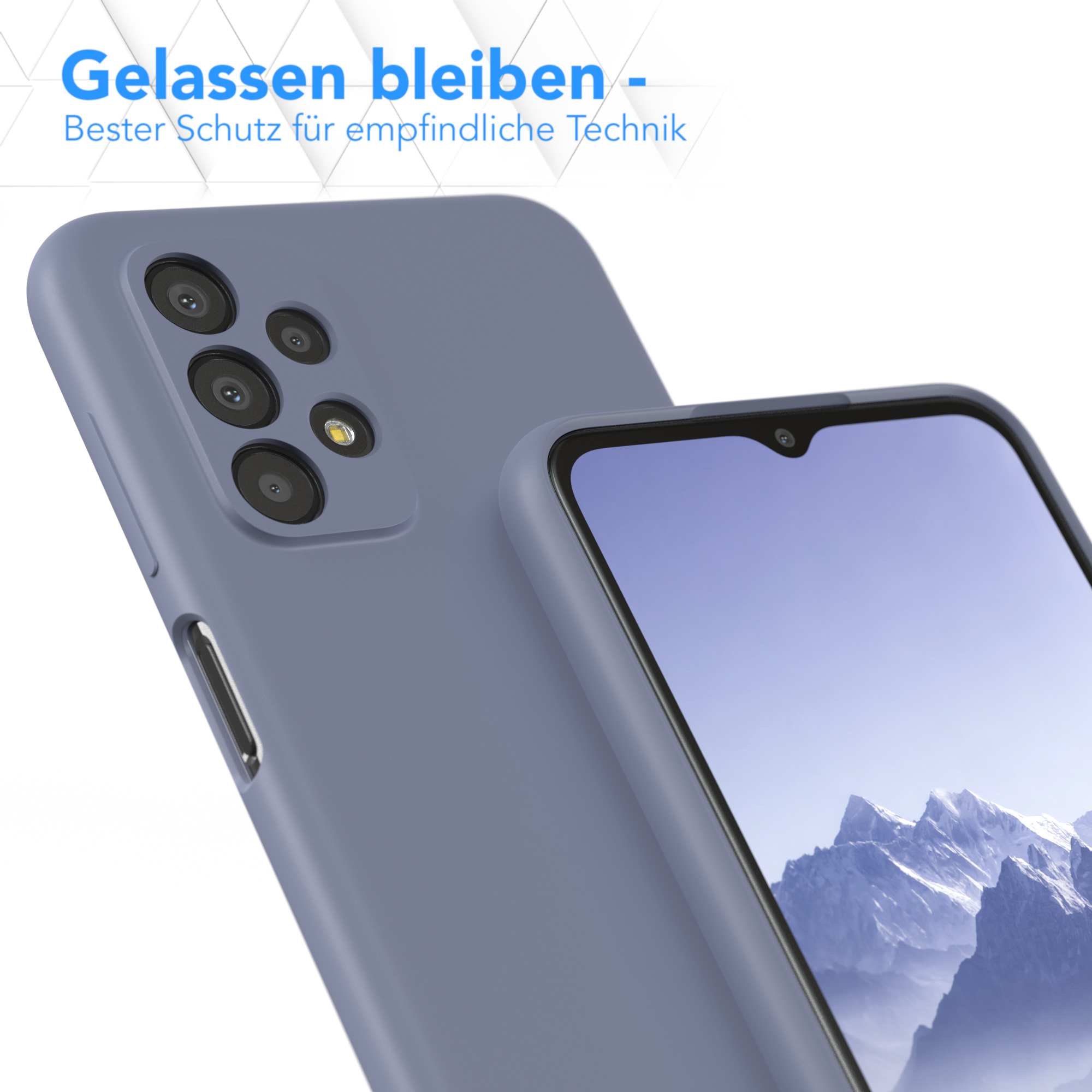 Ein Telefon in einer blauen Hülle. Das Telefon befindet sich neben einem anderen Telefon mit Blick auf seinen Bildschirm.