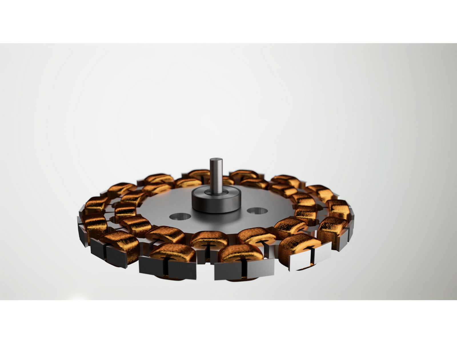 Metalowe elementy silnika wentylatora w okrągłym układzie na białym tle.