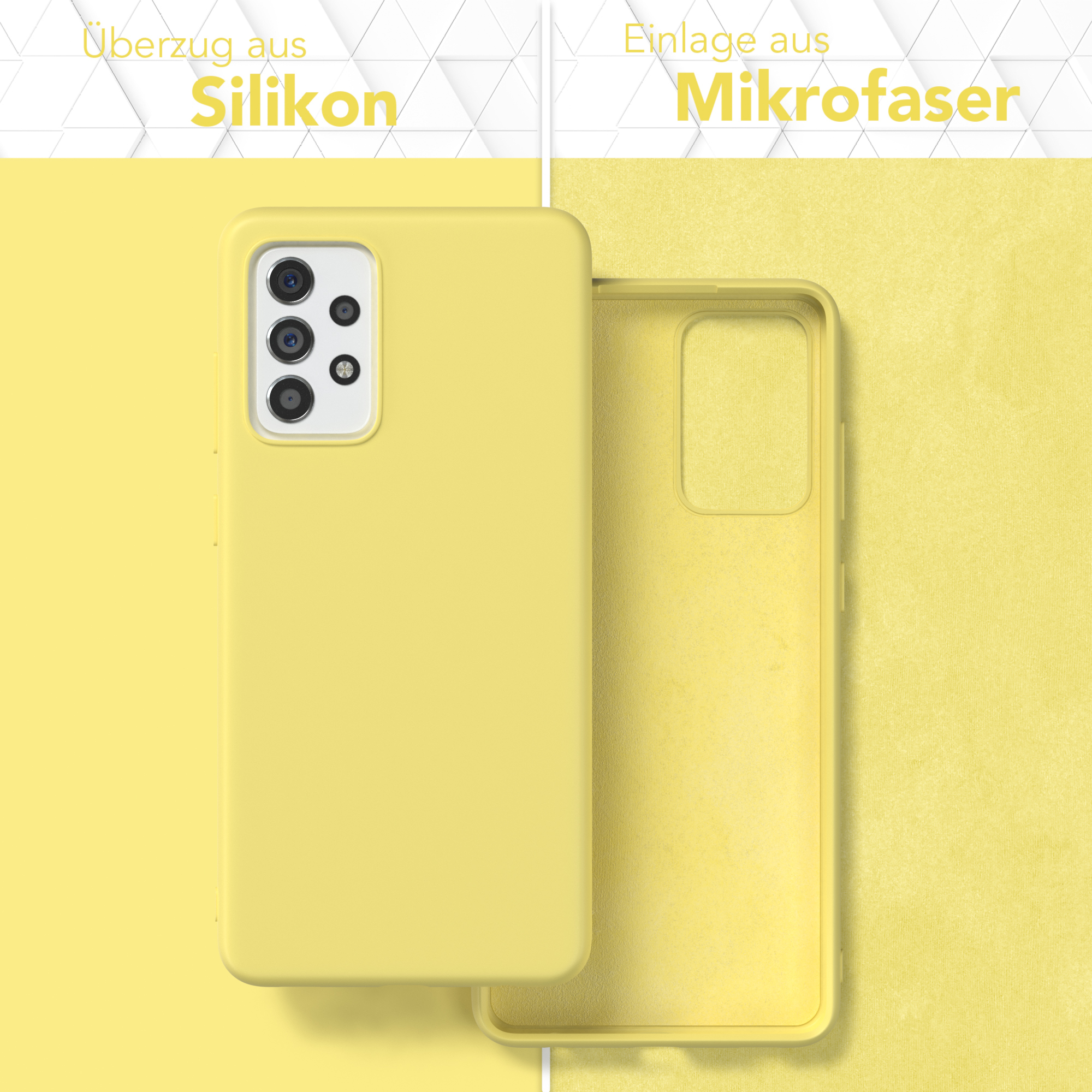 Gelbe Handyhülle. Eine gelbe Handyhülle mit gelbem Mikrofaser-Innenfutter, geteilt in zwei Hälften.