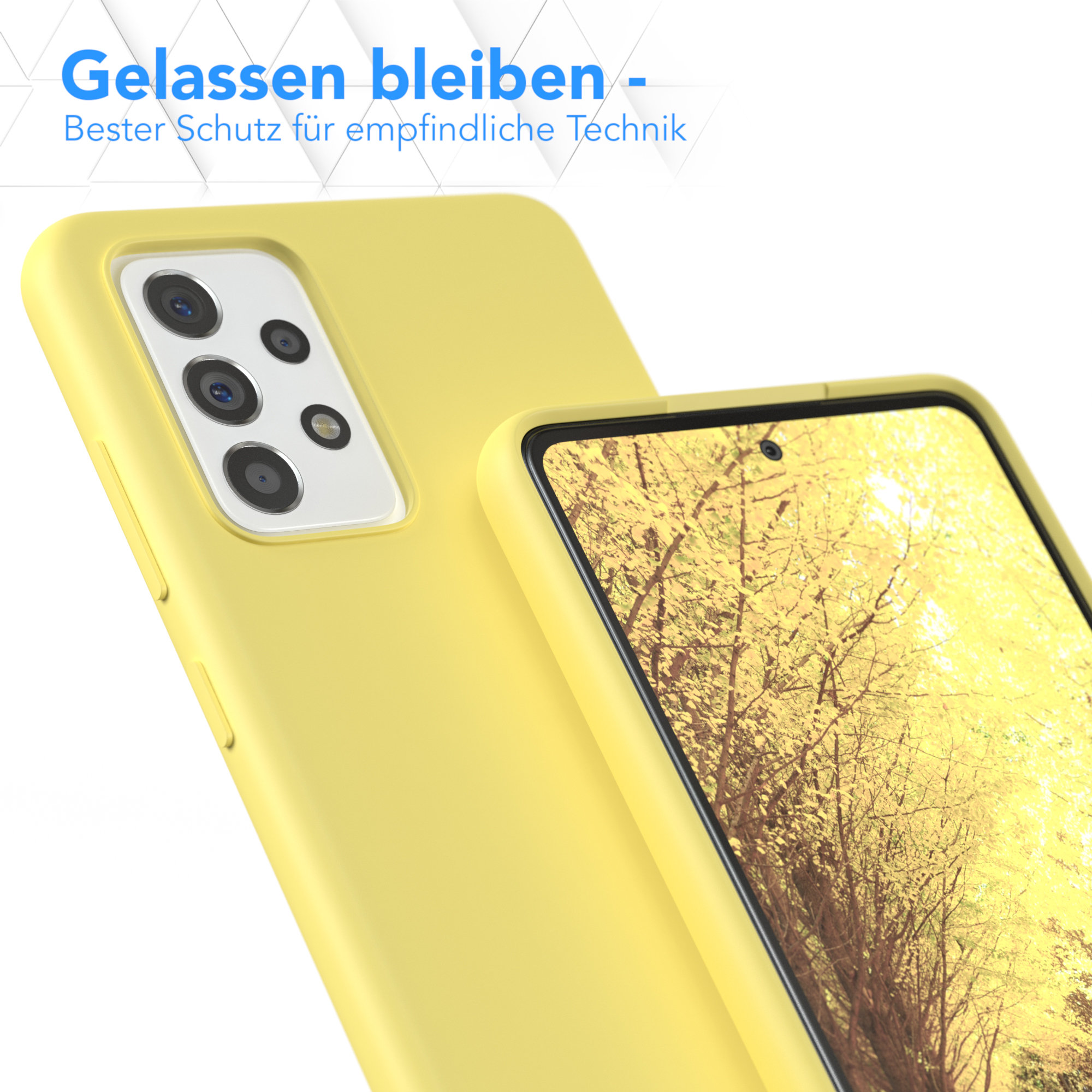 Zwei gelbe Handyhüllen, eine auf einem Telefon, mit blauem Text: Gelassen bleiben.