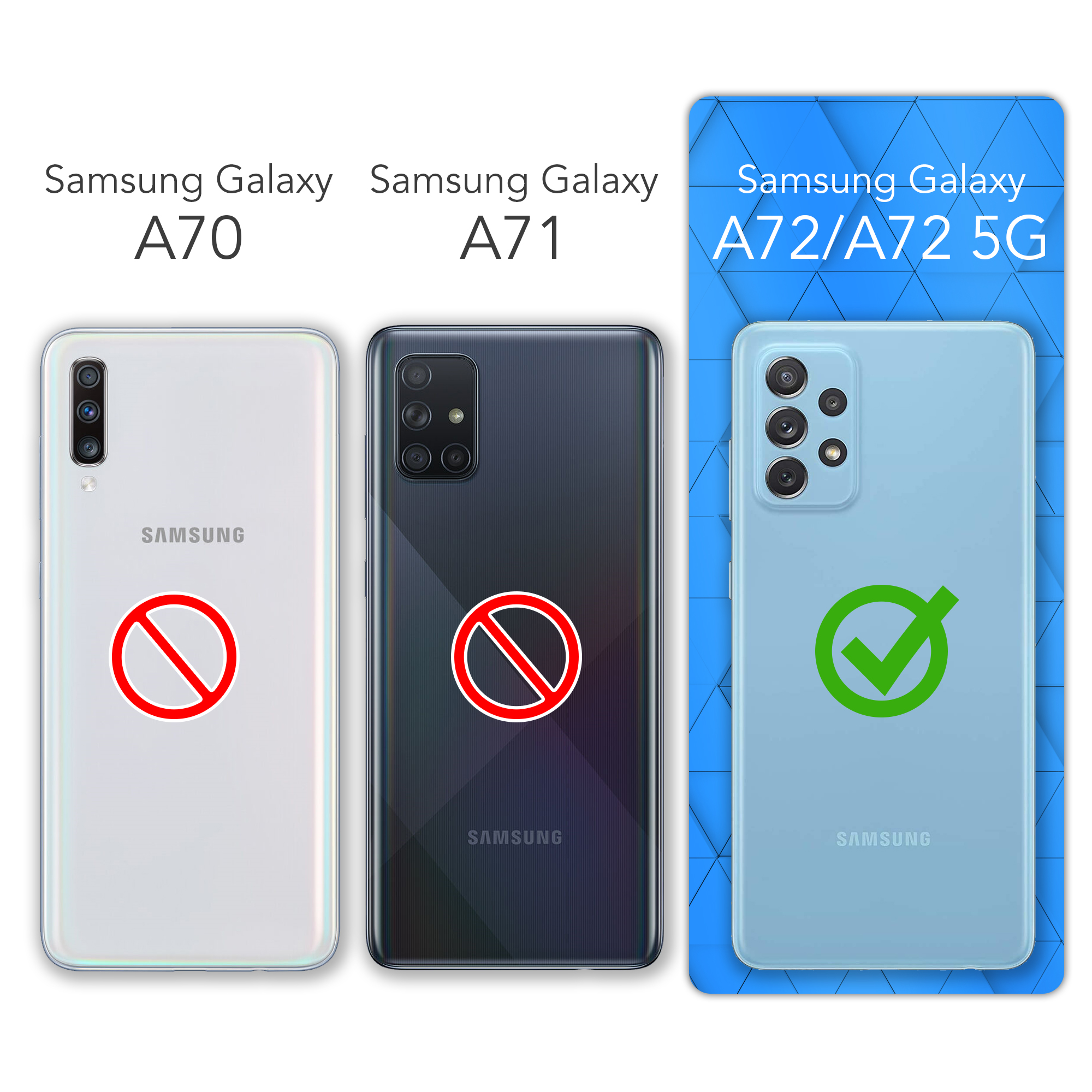 Vergleiche von Samsung Galaxy A70, A71 und A72/A72 5G Telefonen. Nur das A72/A72 5G ist zugelassen.