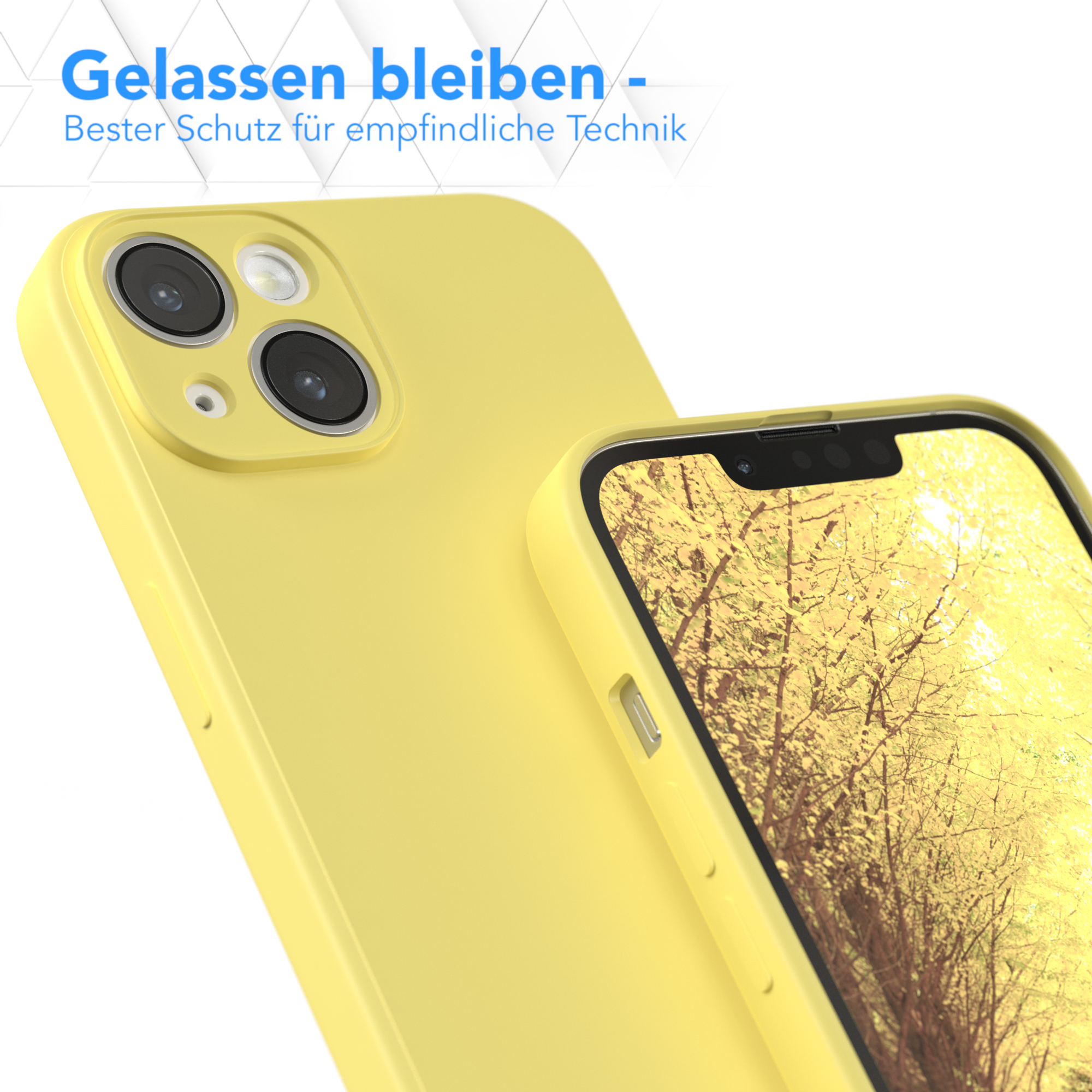Gelbe Handyhülle. Telefon mit Wald-Bildschirm liegt auf der Hülle.