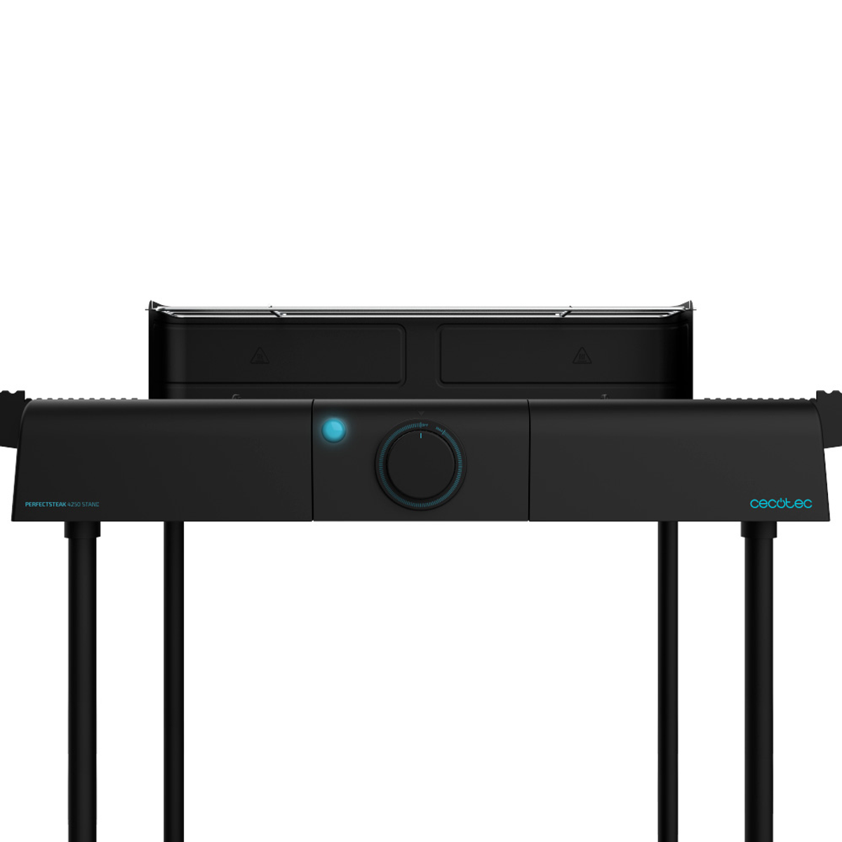 Schwarzer Elektrogrill mit Bedienelementen und zwei Heizplatten. Auf weißem Hintergrund.