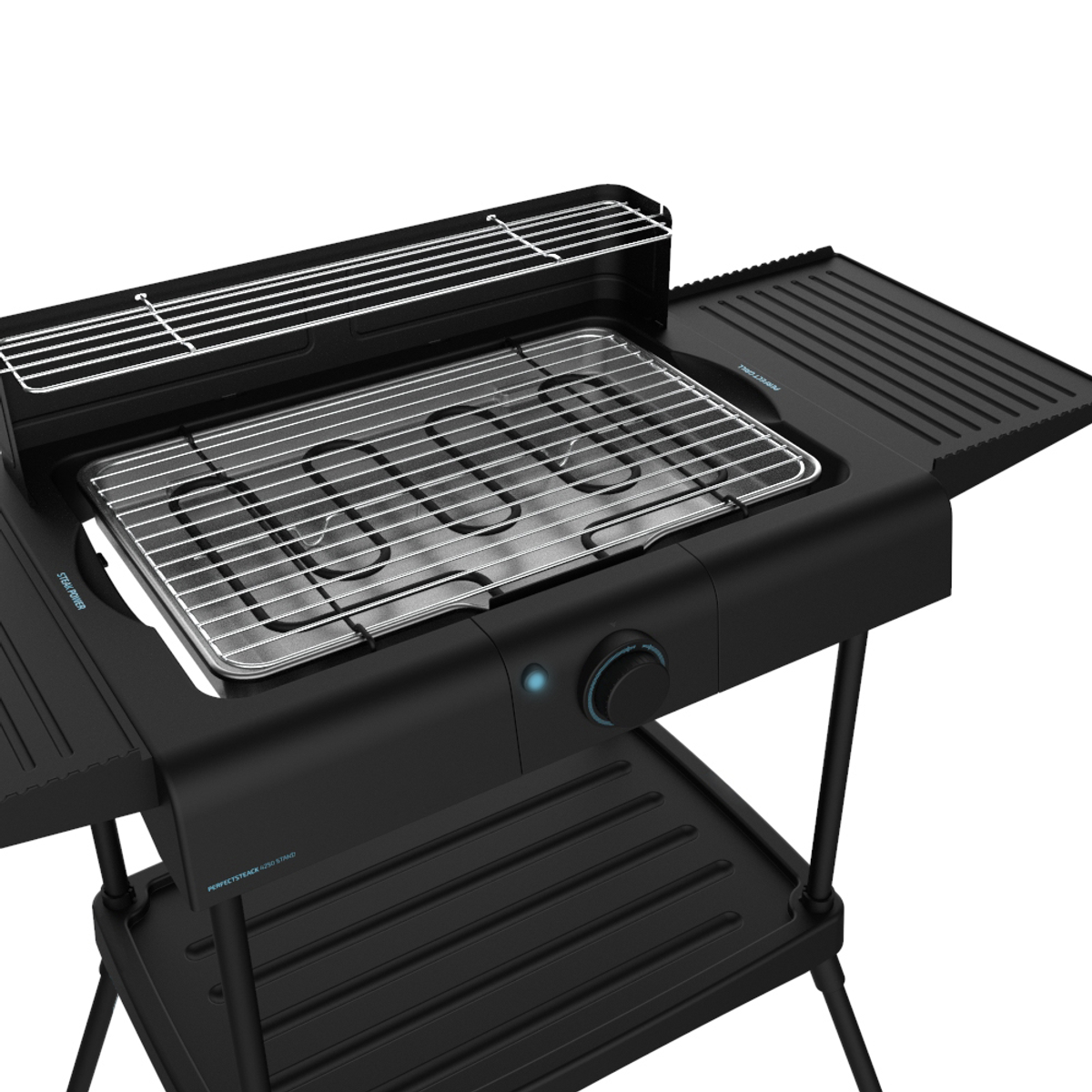 Schwarzer Elektrogrill mit Metallrosten. Zwei Seitentabletts. Weißer Hintergrund.