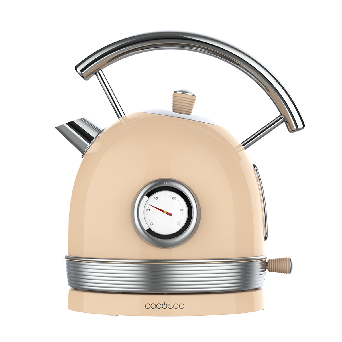 Beżowy czajnik retro ze wskaźnikiem temperatury, chromowanymi akcentami i czarnym tłem.
