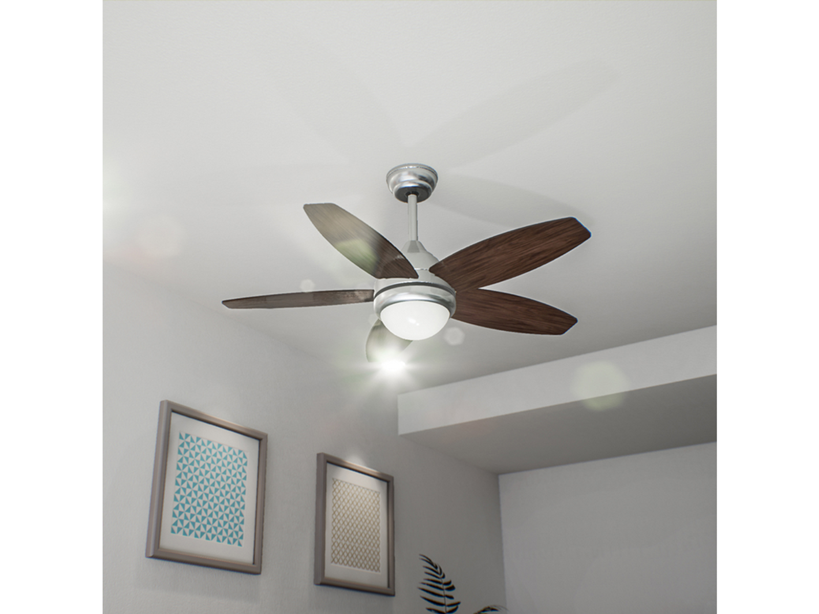 Ventilatore da soffitto con cinque pale in legno e un'illuminazione.