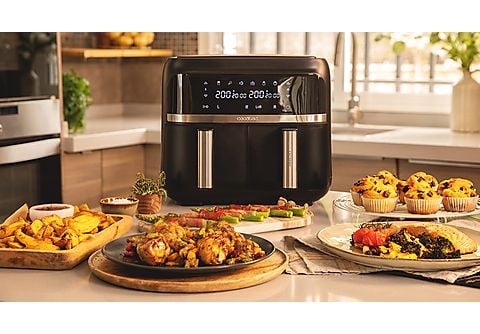 Cecotec Freidora de Aire sin Aceite de 9 L Cecofry Dual 9000 Air Fryer.  2850 W, Digital y Compacta, Temperatura Dual, Tecnología PerfectCook,  Opción de dividir la Cubeta en 2 de 4,5L, 6 Modos