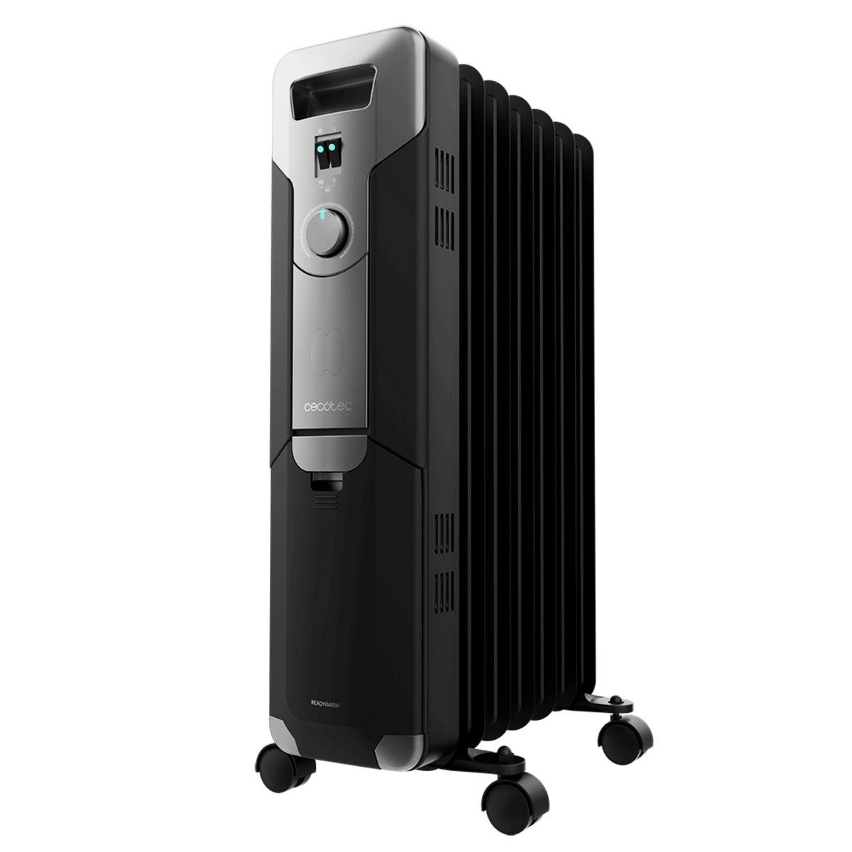 Czarny i srebrny grzejnik olejowy z wyświetlaczem cyfrowym. Ma kółka na dole. Tło jest czarne.