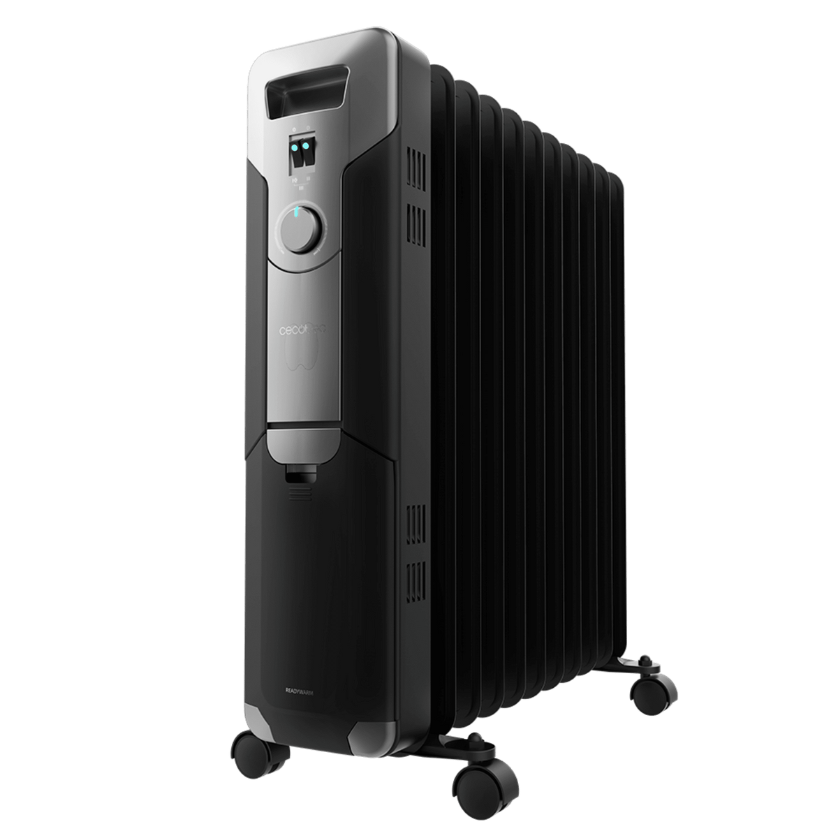 Czarny i szary grzejnik olejowy z wyświetlaczem cyfrowym i kółkami na białym tle.