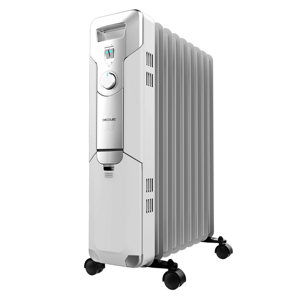 Biały kaloryfer olejowy z pokrętłem. Grzejnik ma kółka i stoi na czarnym tle.