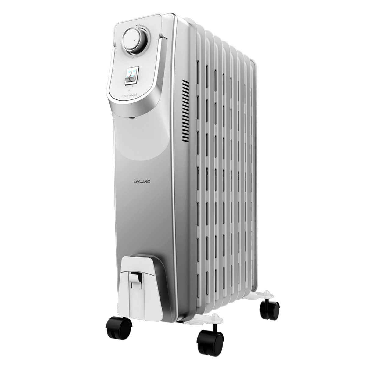 Biały i srebrny grzejnik olejowy z panelem sterowania i kółkami, na czarnym tle.