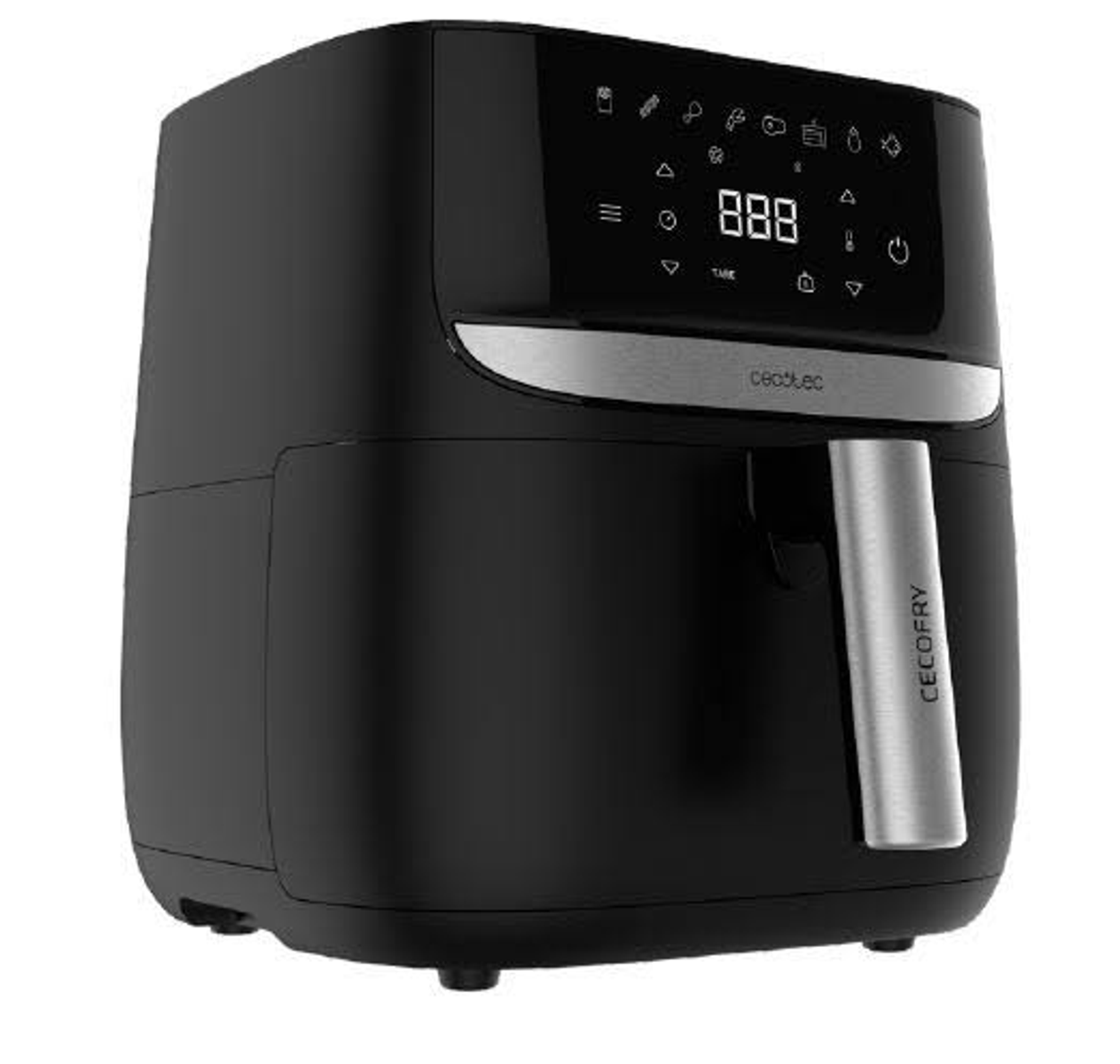 Una friggitrice ad aria Cecotec nera con display. Ha una maniglia e dettagli argentati.