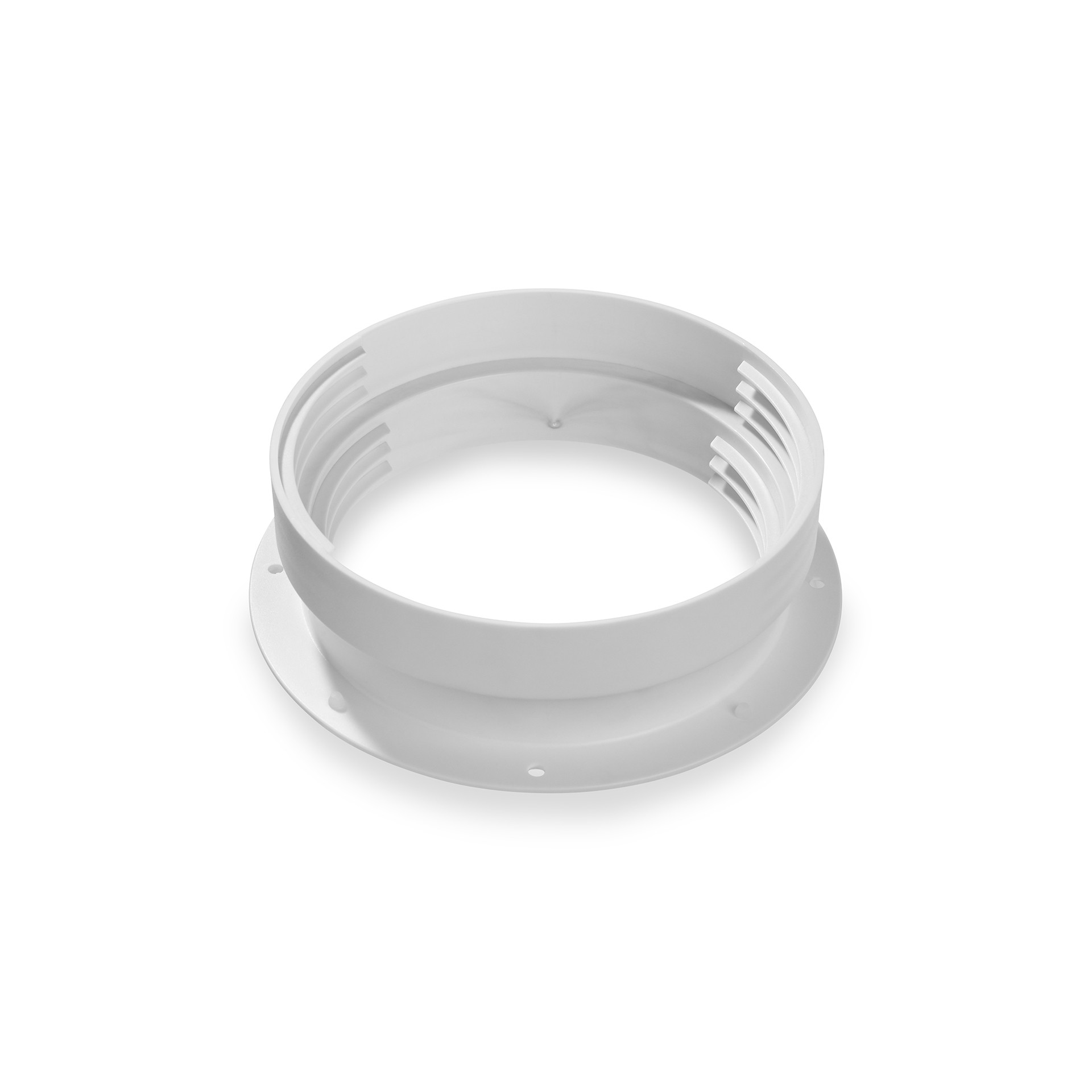 White plastic duct connector, circular shape. Three concentric rings with slots.
