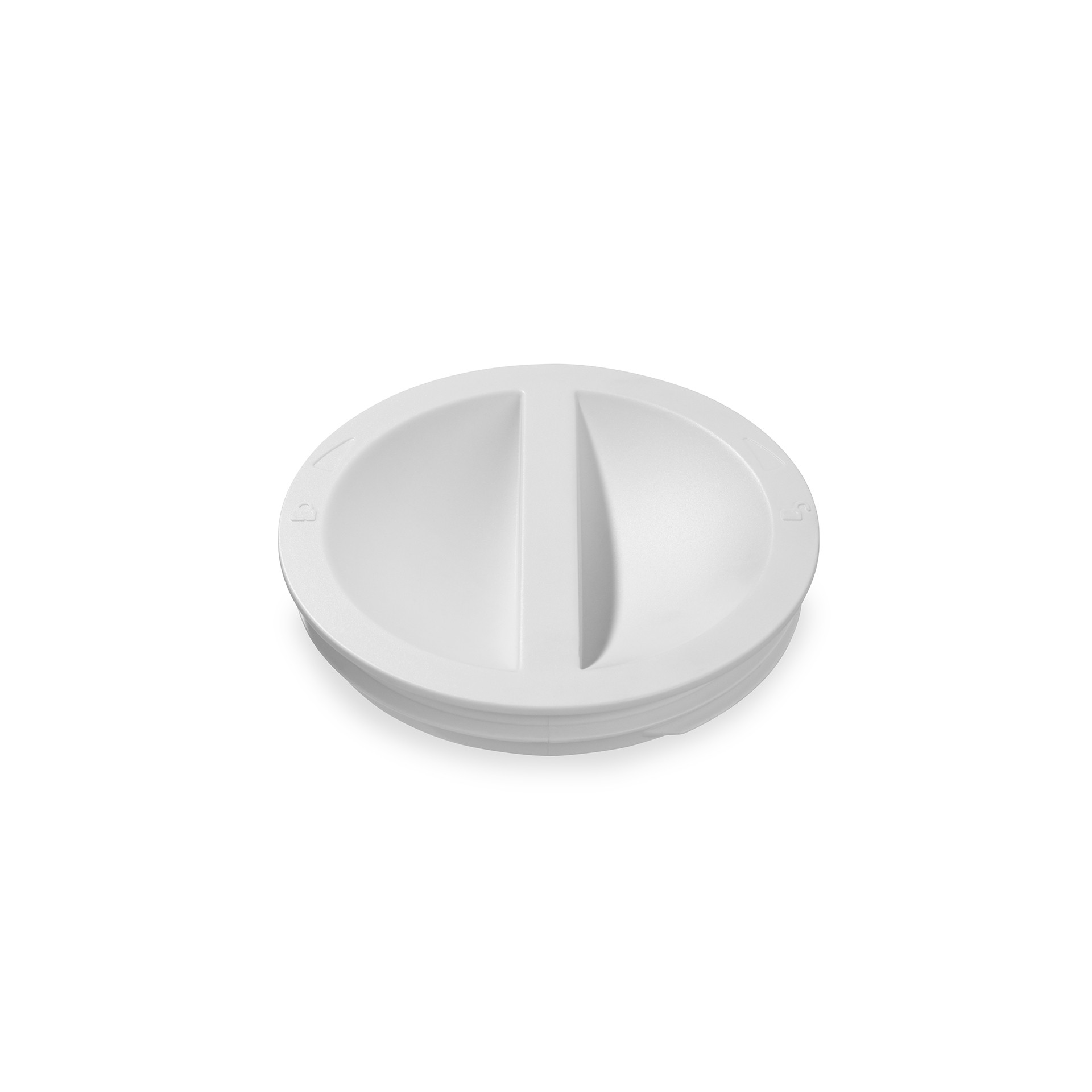 A white, circular drain plug with a split down the middle. Top view.