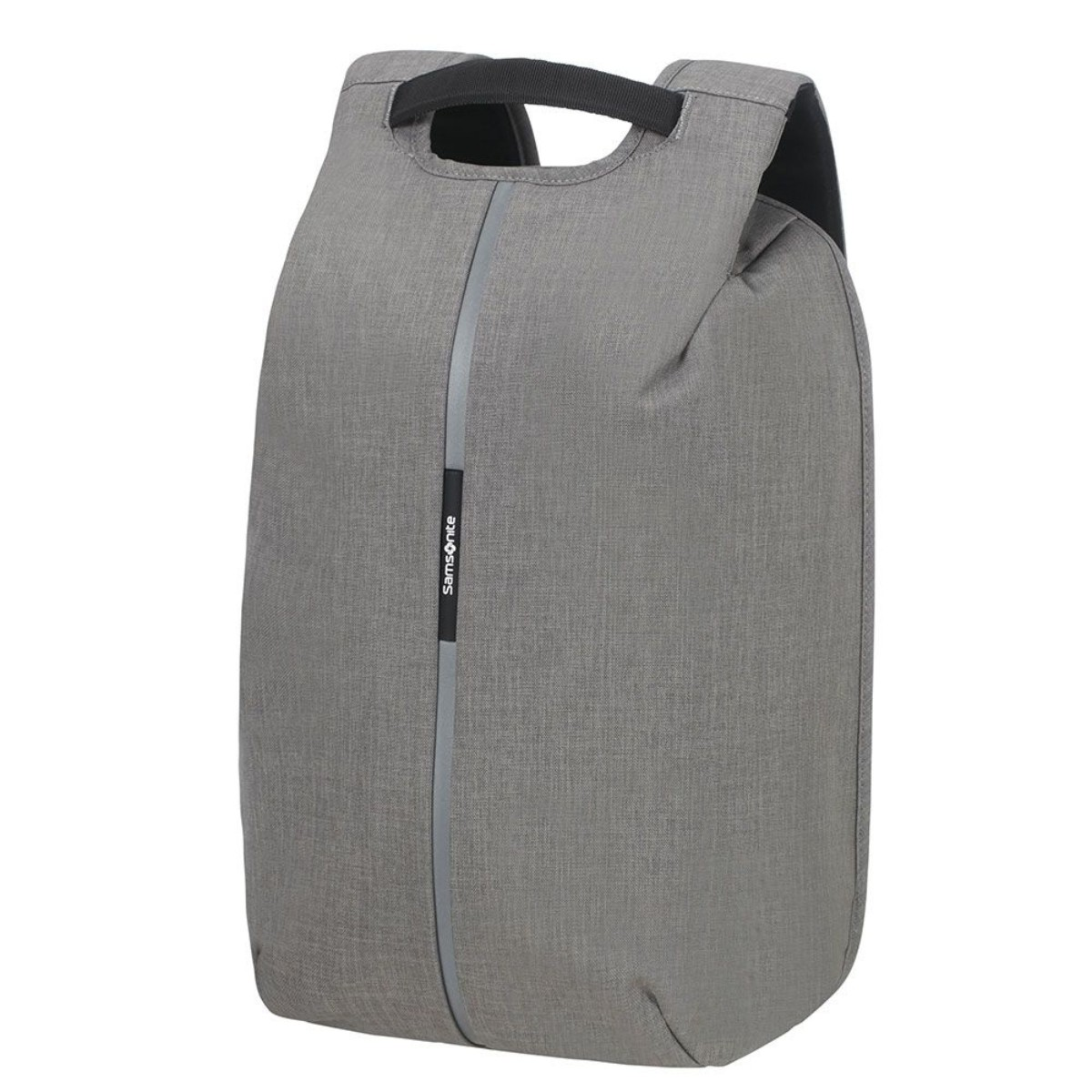 Grauer Samsonite-Rucksack mit vertikalem grauem Streifen und schwarzem Griff.