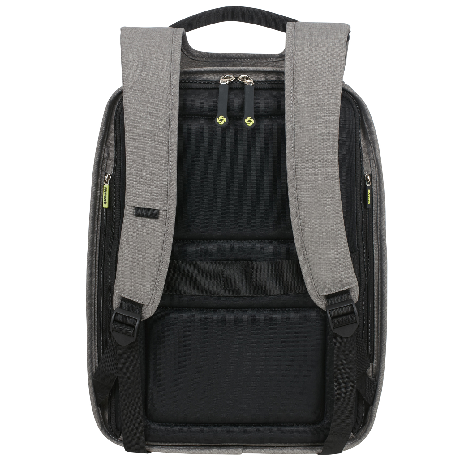 Grauer Rucksack mit schwarzen Akzenten. Hat gepolsterten Rücken und Schultergurte.