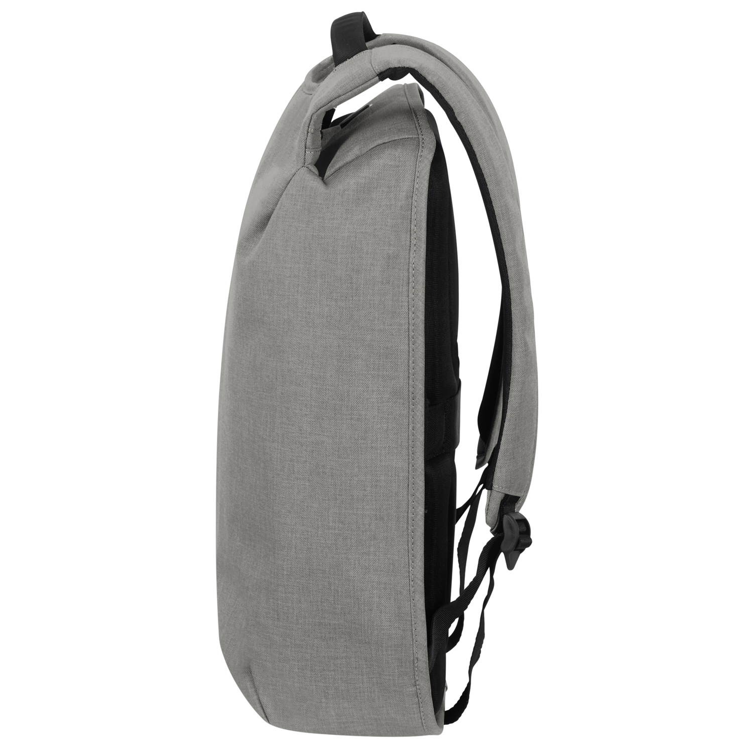 Ein grauer Rucksack mit schwarzen Trägern und einem geschwungenen Design. Er ist auf weißem Hintergrund.