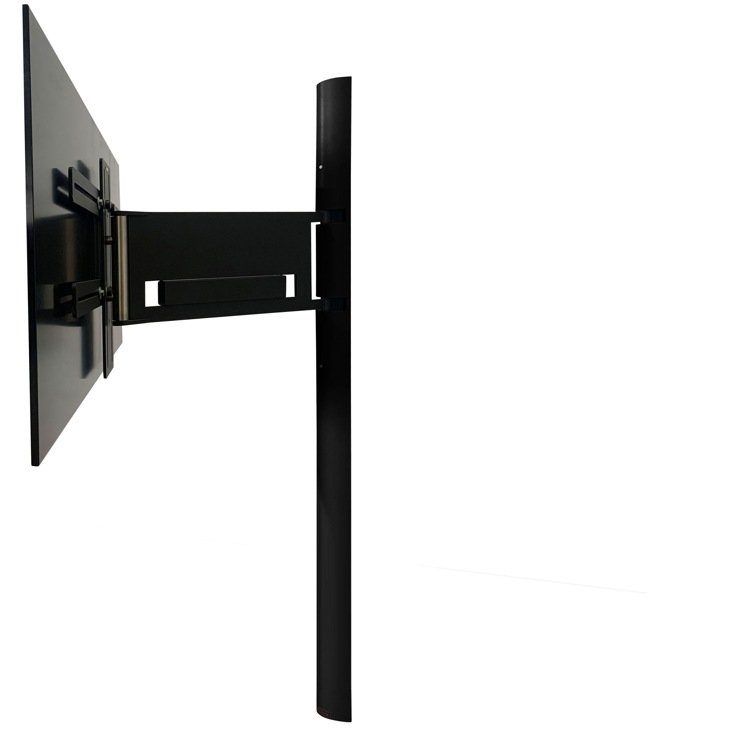 Schwarze TV-Halterung. Die Halterung ist für die Wand. Sie ist abgewinkelt und hat eine schwarze Stange.
