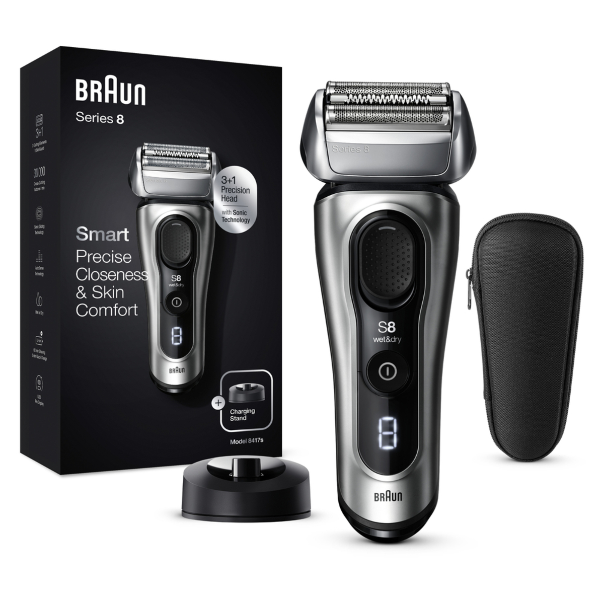 Braun Series 8 elektrikli tıraş makinesi, şarj standı ve siyah çanta.