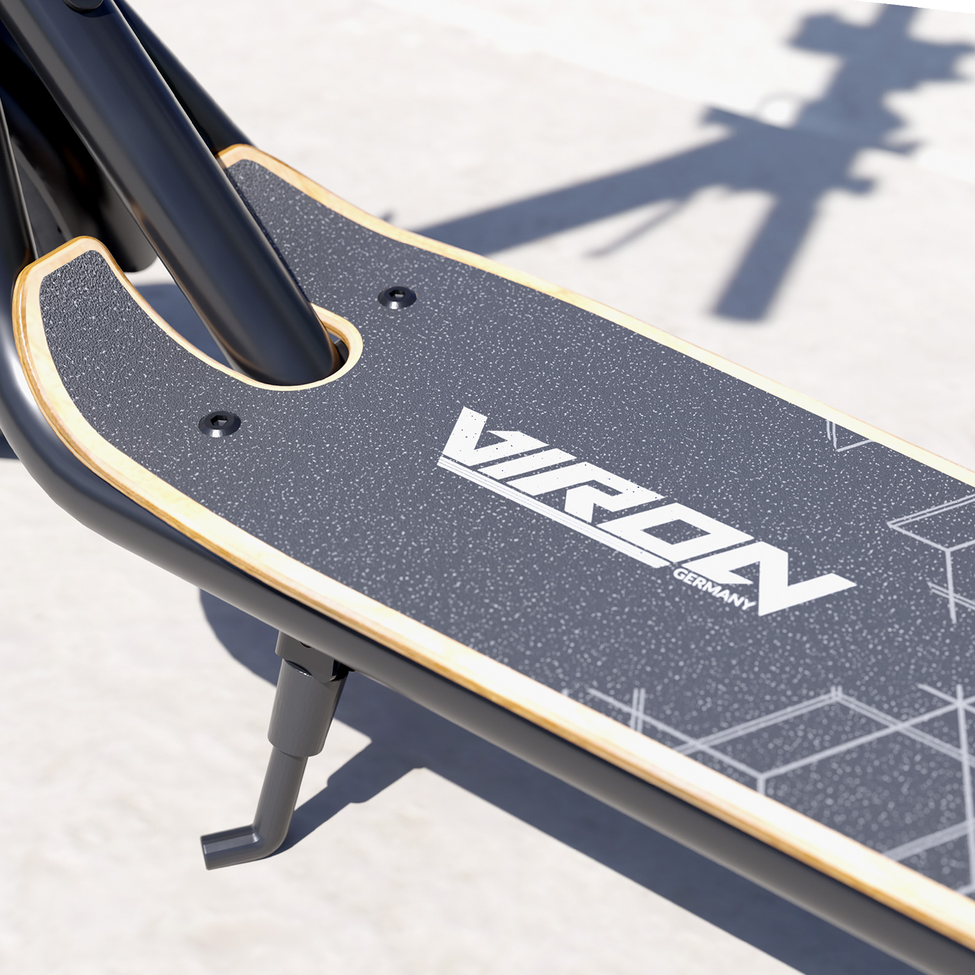Nahaufnahme eines Scooter-Decks mit dem Logo 'VIRON GERMANY' auf grauer Oberfläche.