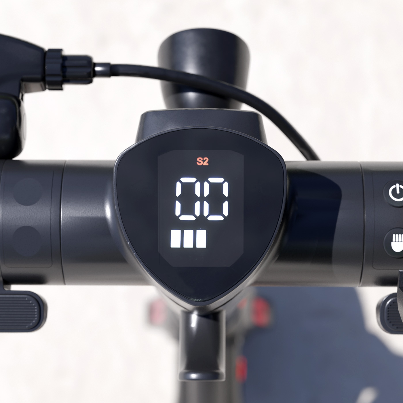 Elektroroller-Lenker mit Display. Es zeigt 00 und S2. Der Lenker ist schwarz.