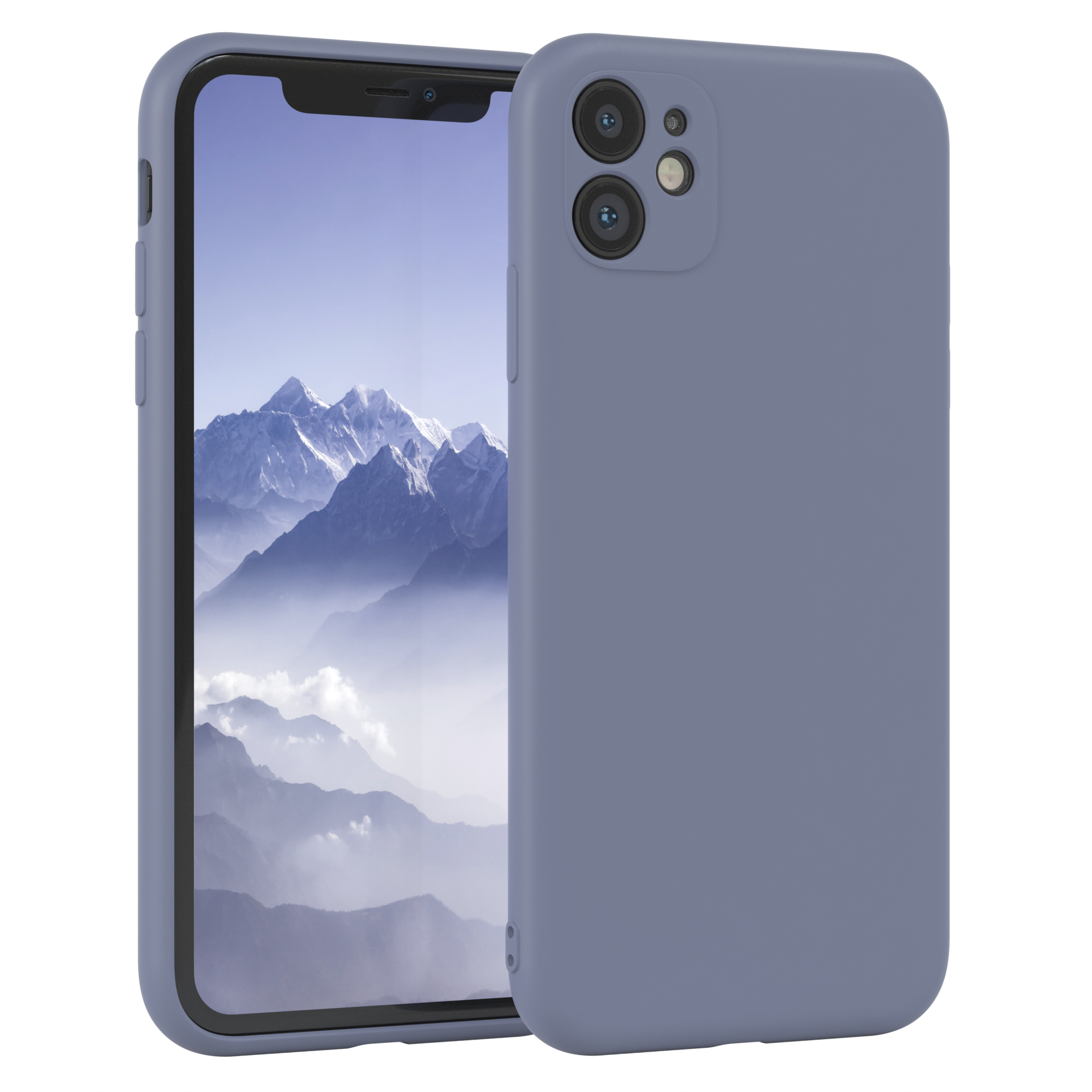 Blaue Handyhülle mit Handy. Der Bildschirm zeigt ein Bild mit blauem Farbton. Das Handy hat zwei Kameras.