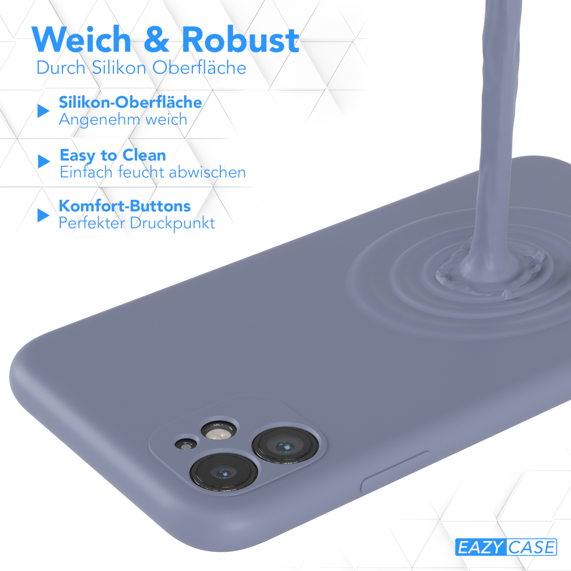 Blaue Handyhülle mit Telefon. Die Hülle zeigt Text: weiche Silikonoberfläche, leicht zu reinigen.