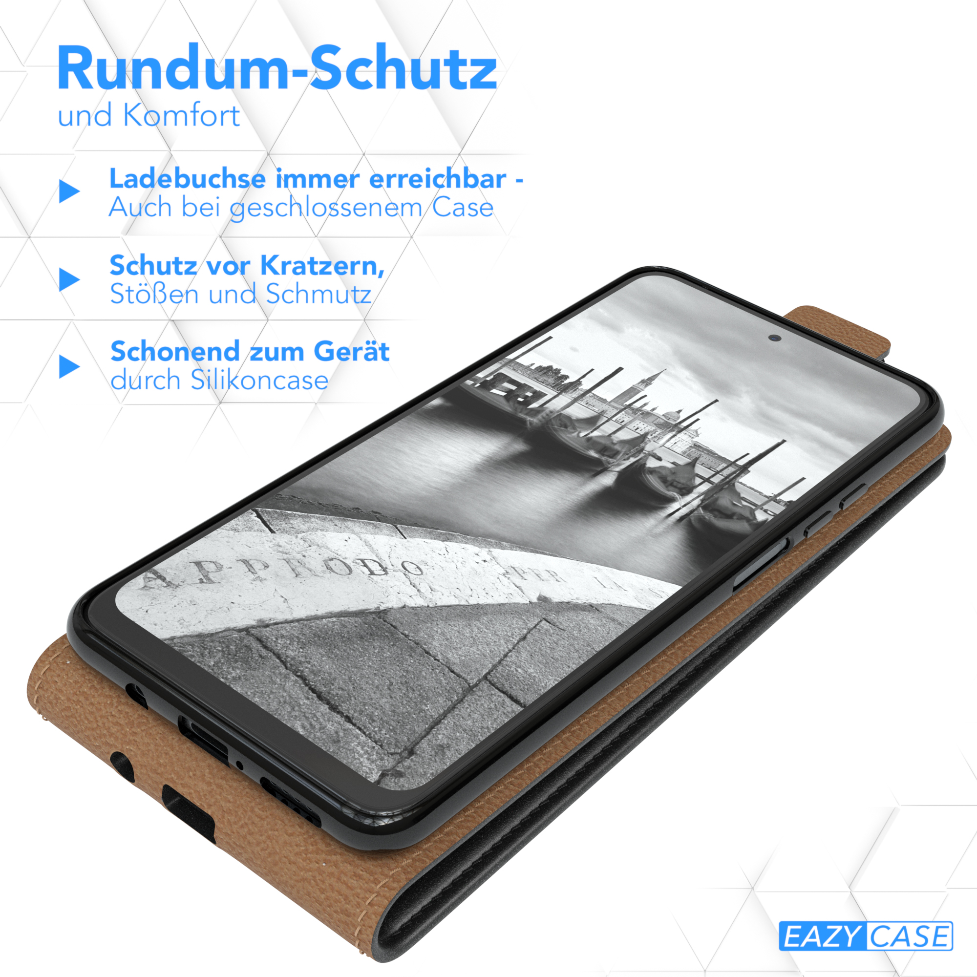 Eine Handyhülle mit einem Telefon darin, das einen Bootsbildschirm zeigt.