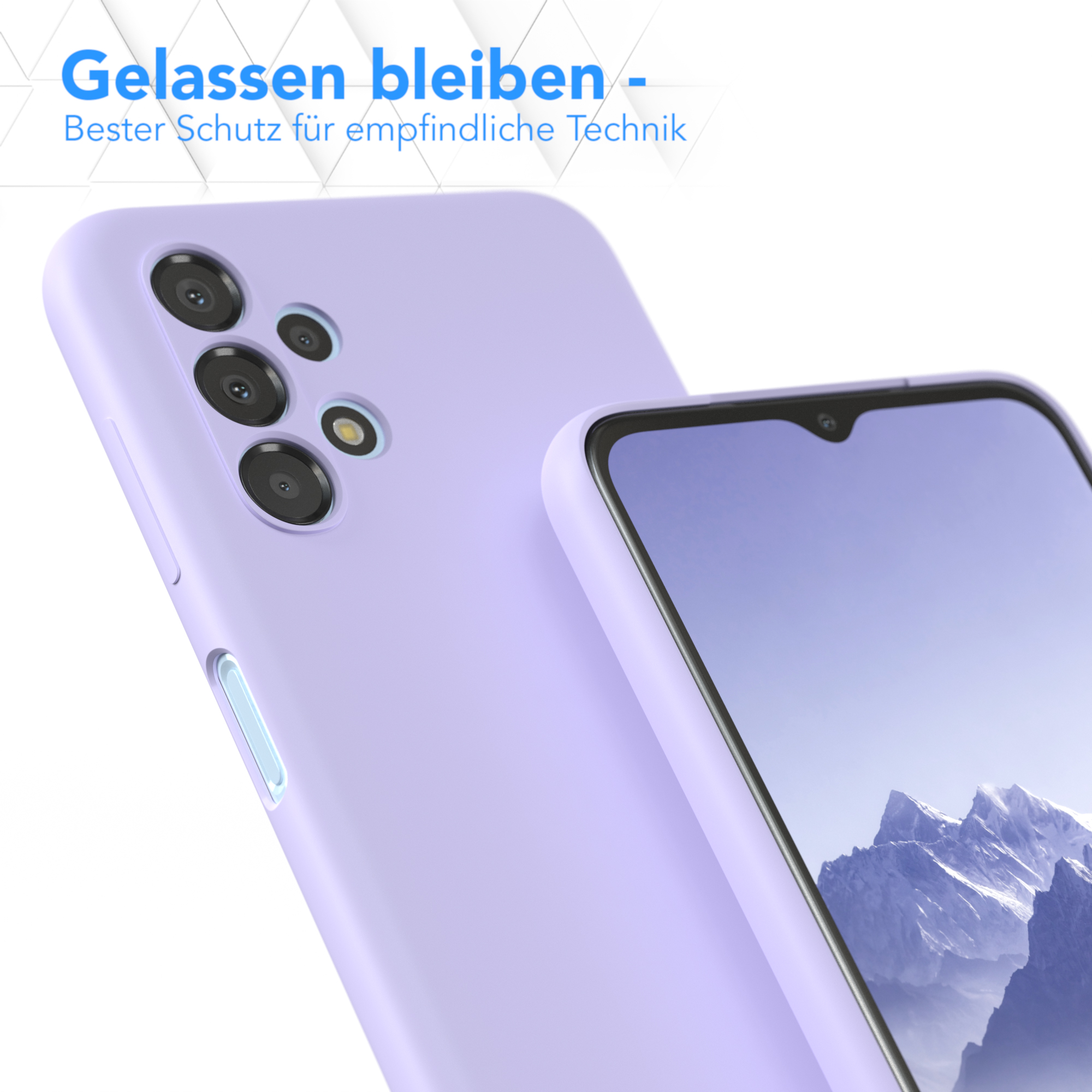 Eine hellviolette Handyhülle mit einem Telefon darin. Das Telefon hat drei Kameralinsen.