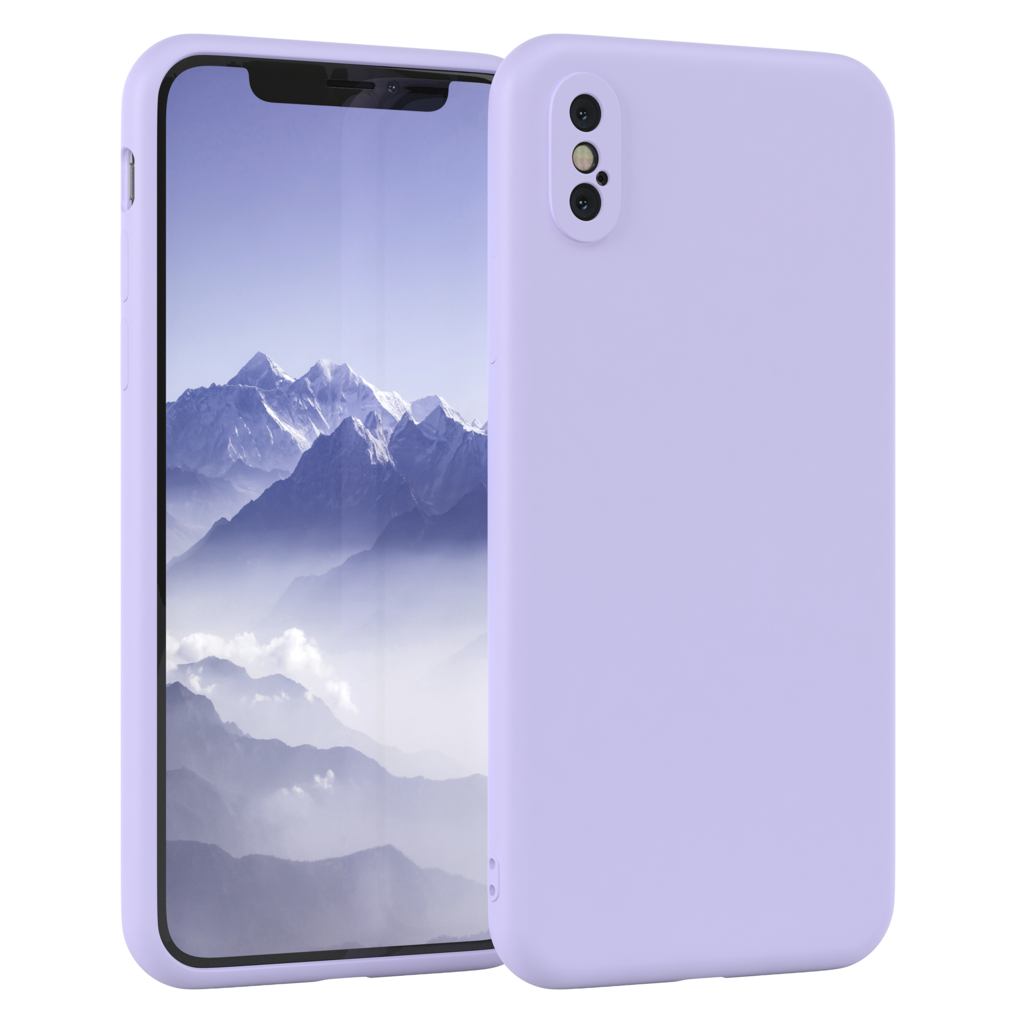 Lila Telefon mit Hülle. Telefonbildschirm sichtbar, Hülle bedeckt Rückseite und Seiten, hat Kamera. Weißer Hintergrund.
